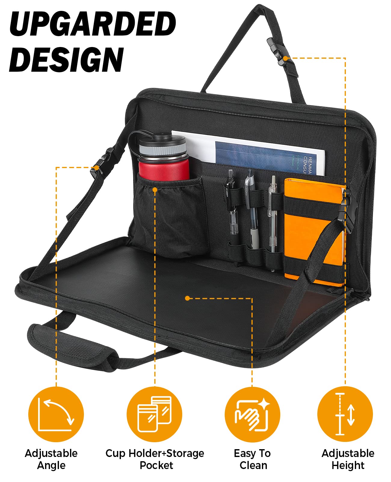 JOYTUTUS 3 in 1 Car Steering Wheel Tray, Black Leather Laptop Desk, 16.1''x10'', Multifunctional Organizer for Kids & Commuters