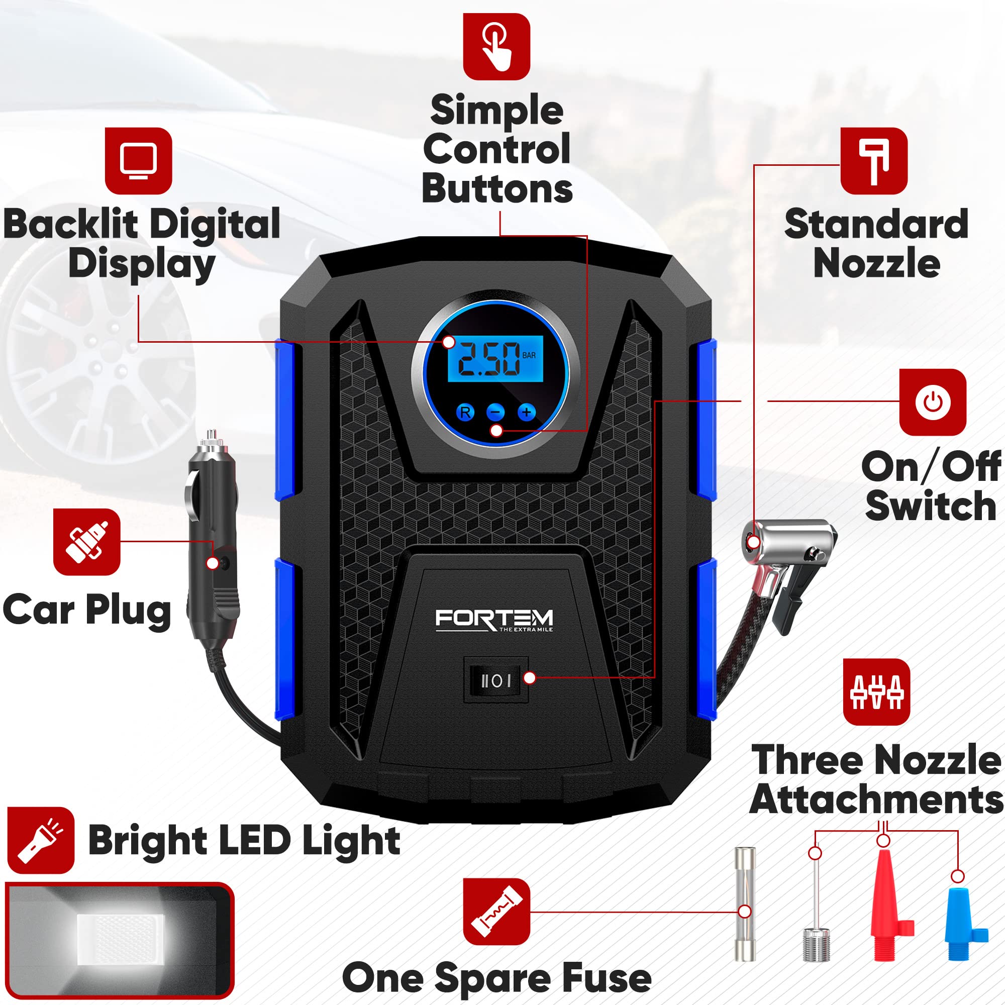FORTEM Portable Tire Inflator, 150 PSI 12V Air Compressor for Car & Bike, Blue, Model FRTM-DAC, with LED Light & Digital Pressure Gauge