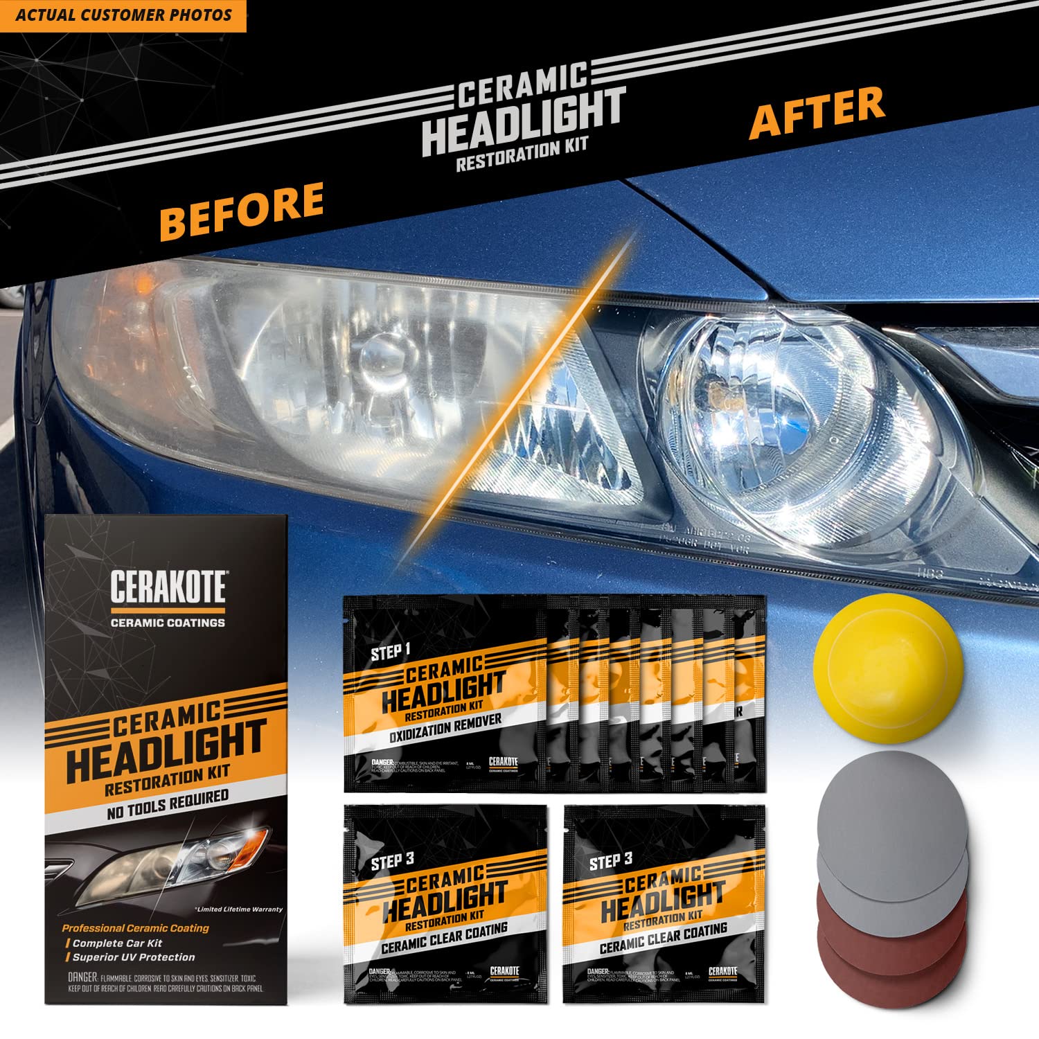 CERAKOTE® Headlight Restoration Kit - 1 Vehicle Kit - Lasts As Long As You Own Your Vehicle - Black - Easy 3-Step Process