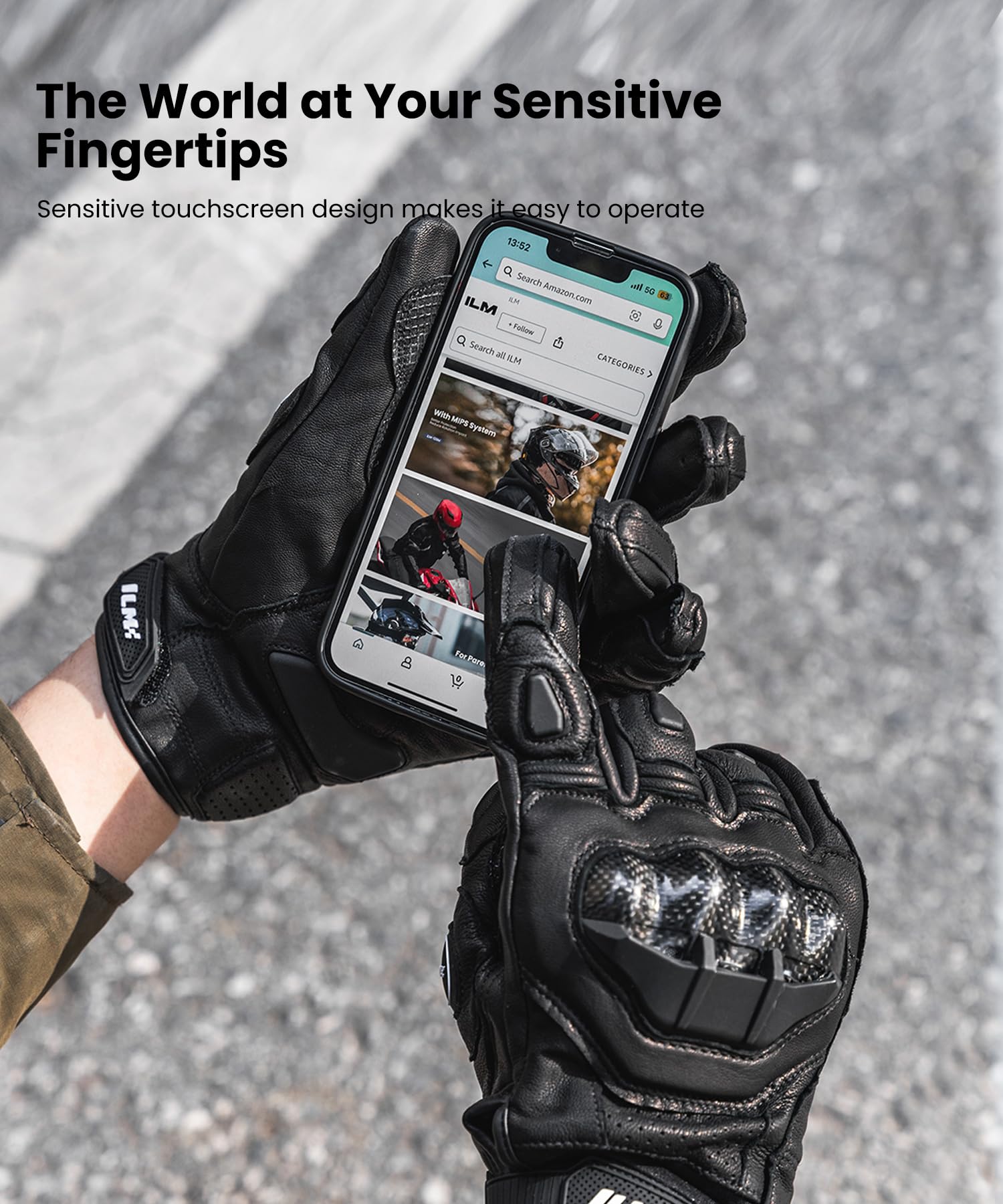 ILM Leather Motorcycle Gloves for Men & Women, Touchscreen, Large, Black, Model GRC01