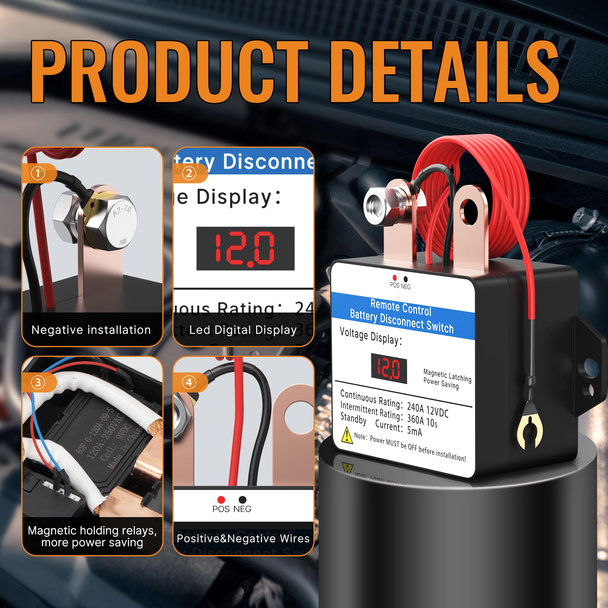 Joinfworld Kill Switch For Car 12V 360A Remote Battery Disconnect Switch With Led Voltmeter Smart Anti-Theft Remote Control Swit
