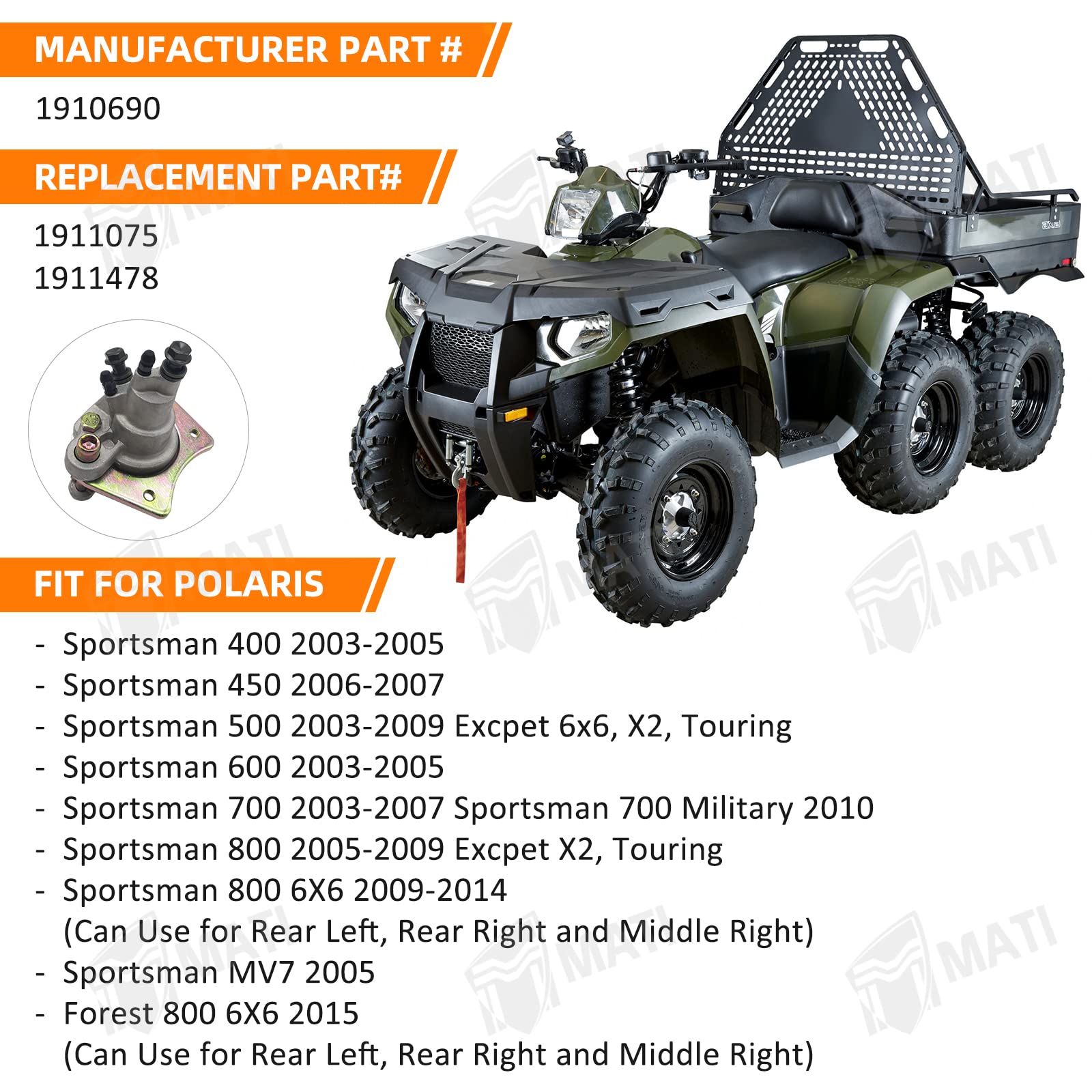 M Mati Rear Brake Master Caliper Assembly For Polaris Sportsman 400 450 500 600 700 800 1911075 1910690 With Pads