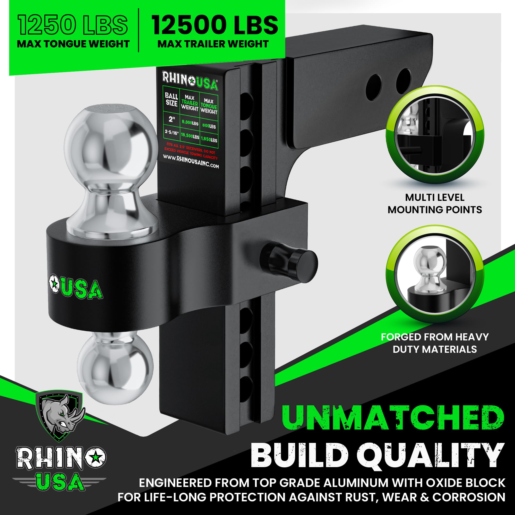 Rhino Usa Adjustable Trailer Hitch (2-Inch Receiver) - Heavy Duty Aluminum Tow Hitches With 8-Inch Drop/Rise For Truck (12,500 L