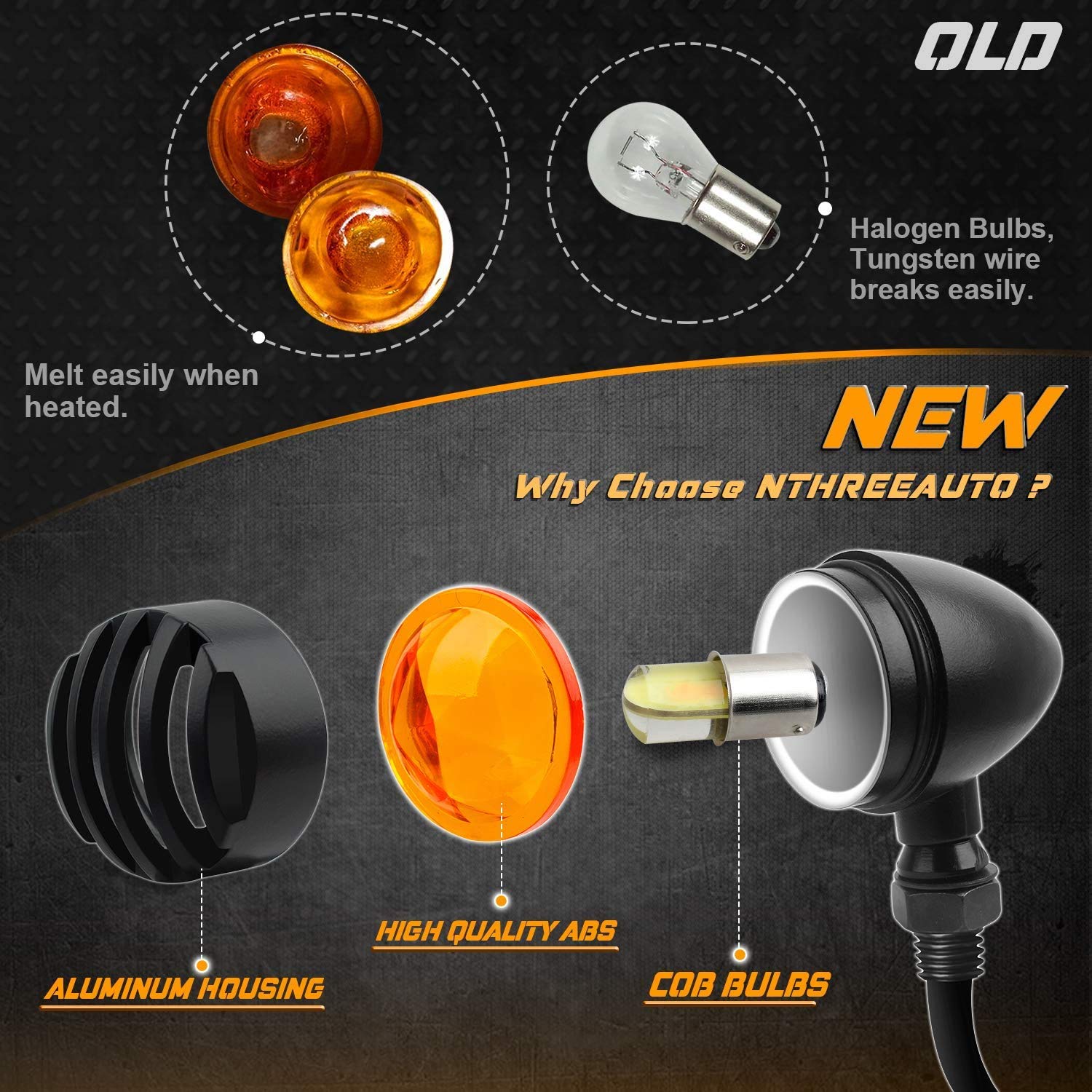 NTHREEAUTO Motorcycle Blinkers, Waterproof Aluminum Bullet LED Turn Signals, Universal Amber Indicator Light Compatible with Har