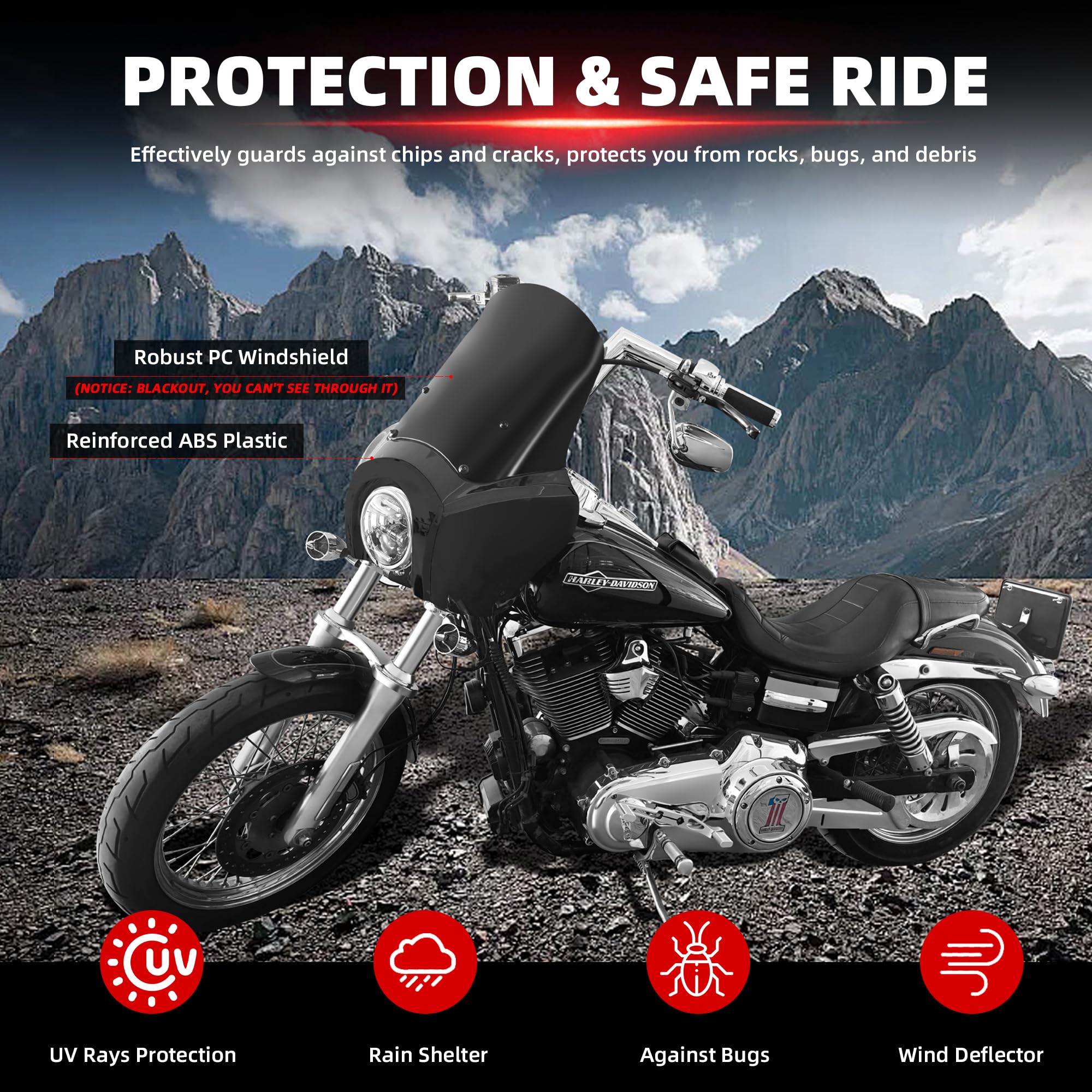 FATECIM Headlight Fairing with 15" Darker Smoke Windshield for Harley Dyna FXD Models - Model FTC-6009, ABS Material