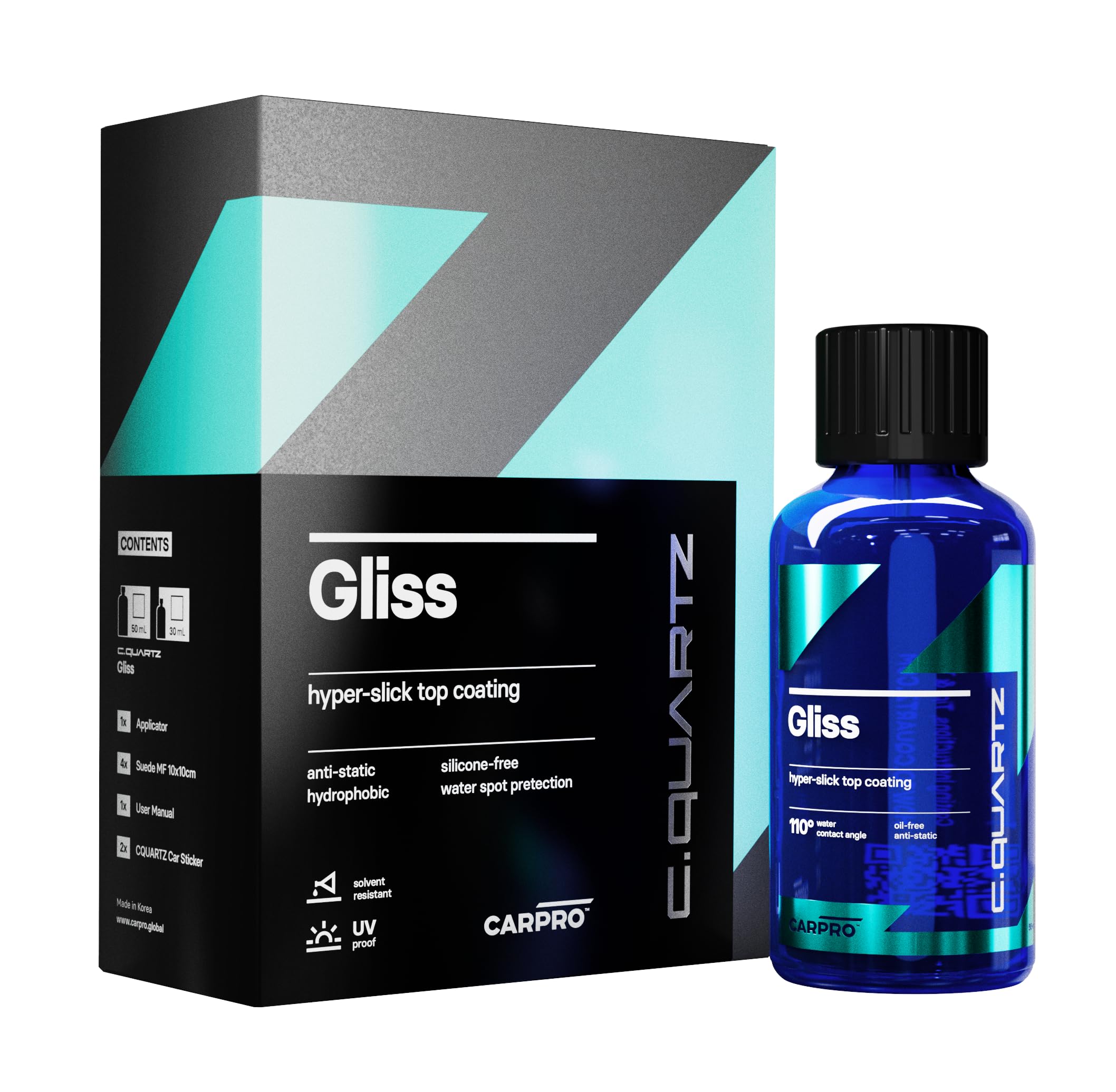 CARPRO Gliss Original Ceramic Coating - 30ml Kit, Clear, Hyper Smooth Hydrophobic Nano Top-Coat with Microfiber Applicators
