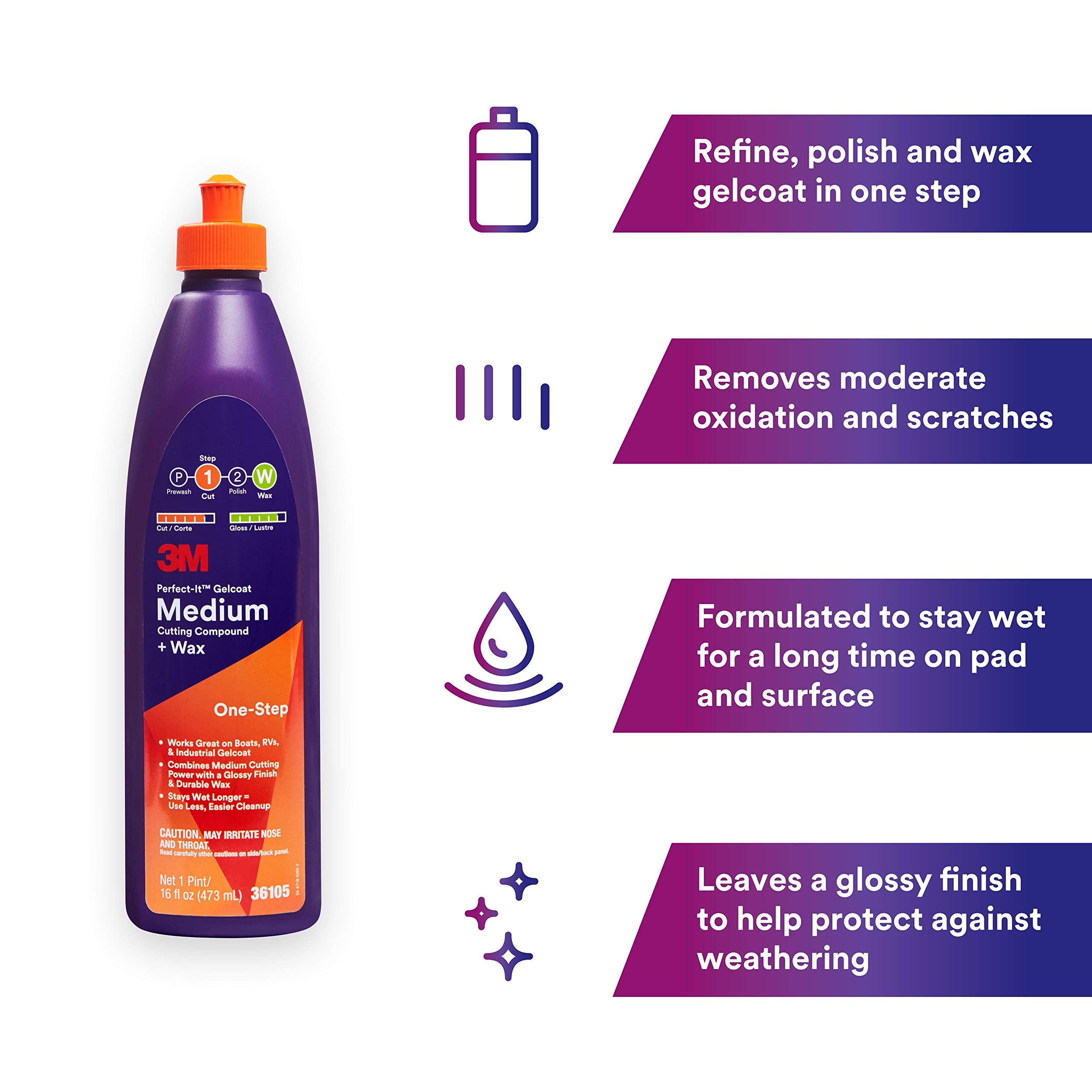 Perfect-It 3M Gelcoat Medium Cutting Compound + Wax, 1 Pint, White, Model 36105 - For P1500 & Finer Scratches, Fiberglass Oxidation Remover