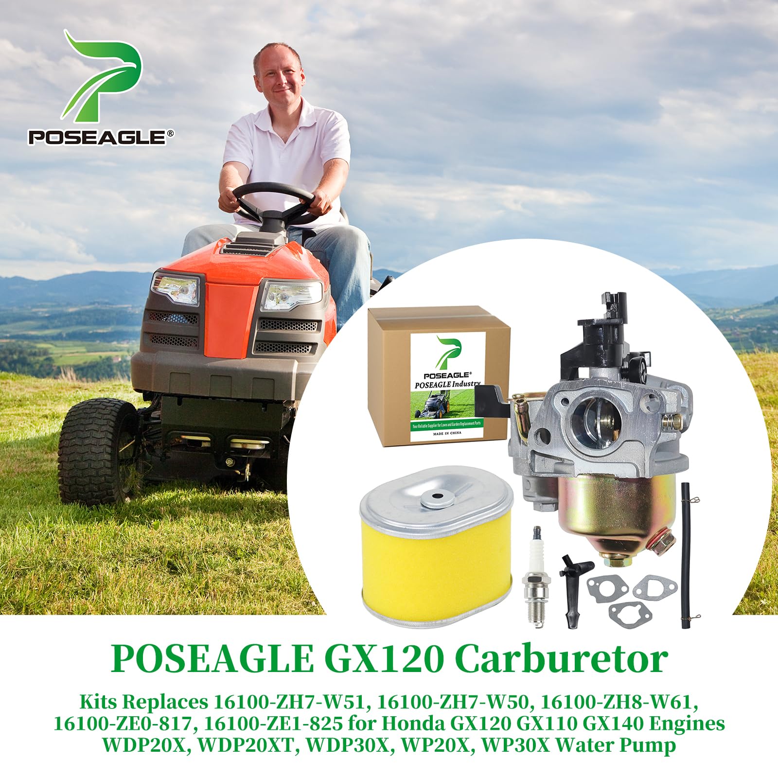 Poseagle Gx120 Carburetor Kits Replaces 16100-Zh7-W51, 16100-Zh7-W50, 16100-Zh8-W61, 16100-Ze0-817, 16100-Ze1-825 For Honda Gx12