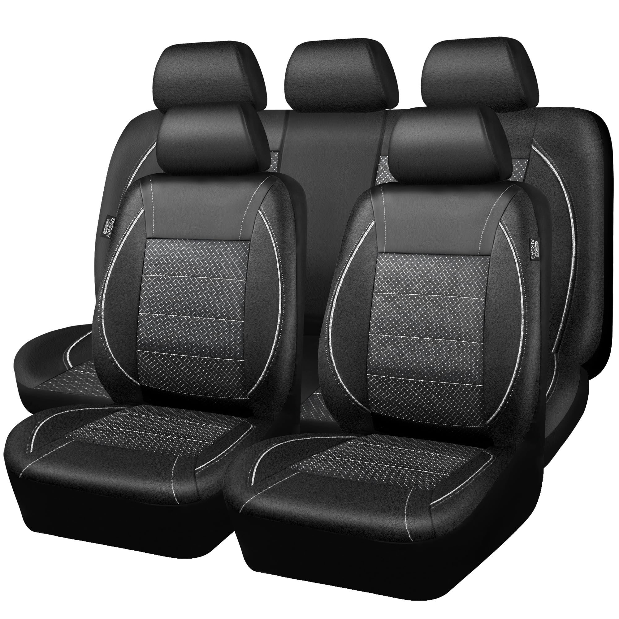 Car Pass Piping Pu Leather Car Seat Cover Full Set, Inside Zipper Design And Reserved Opening Holes, Airbag Compatible,Universal