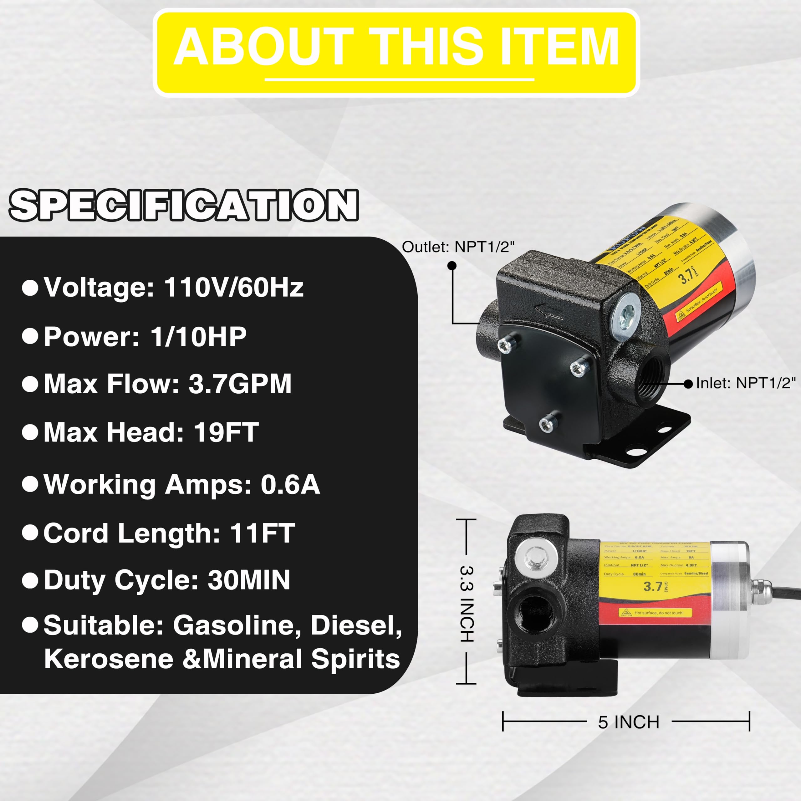 TRUPOW 110V AC Gasoline Fuel Oil Transfer Pump, Cast Iron, Reversible Switch, Black, Model TP0123