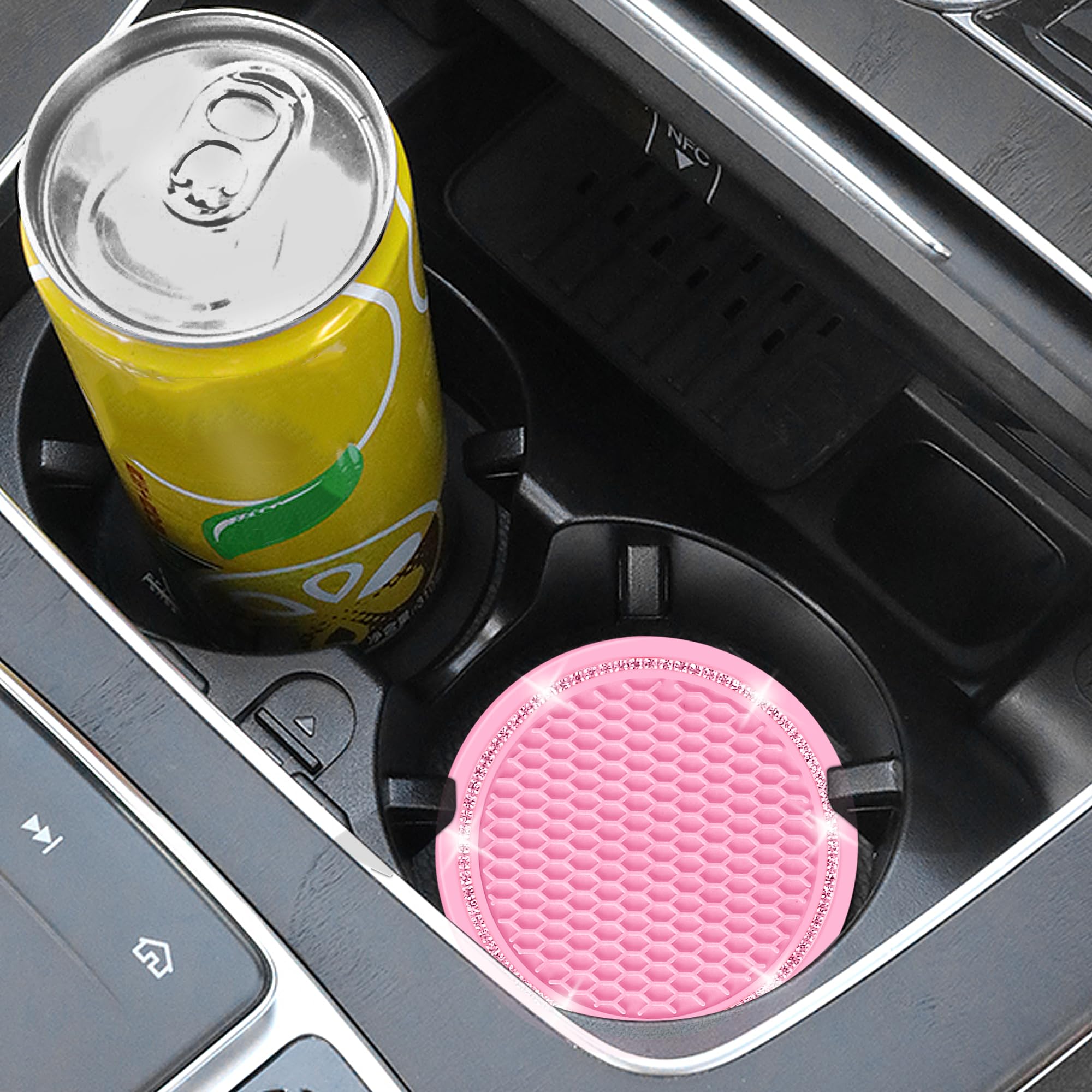 Car Coasters, 4 Pack Car Cup Holder Coaster, COCASES Crystal Rhinestone Pink Car Interior Accessories, 2.75'' Silicone Bling Dec