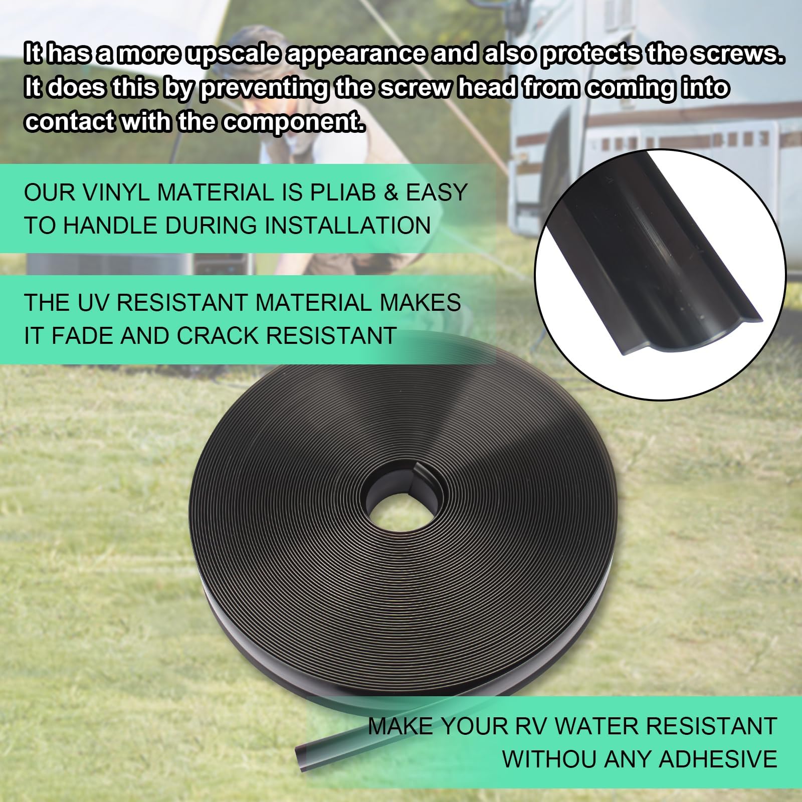 CVILL 1" Black Vinyl Trim Molding Screw Cover for RV Boat Trailer, 50 ft