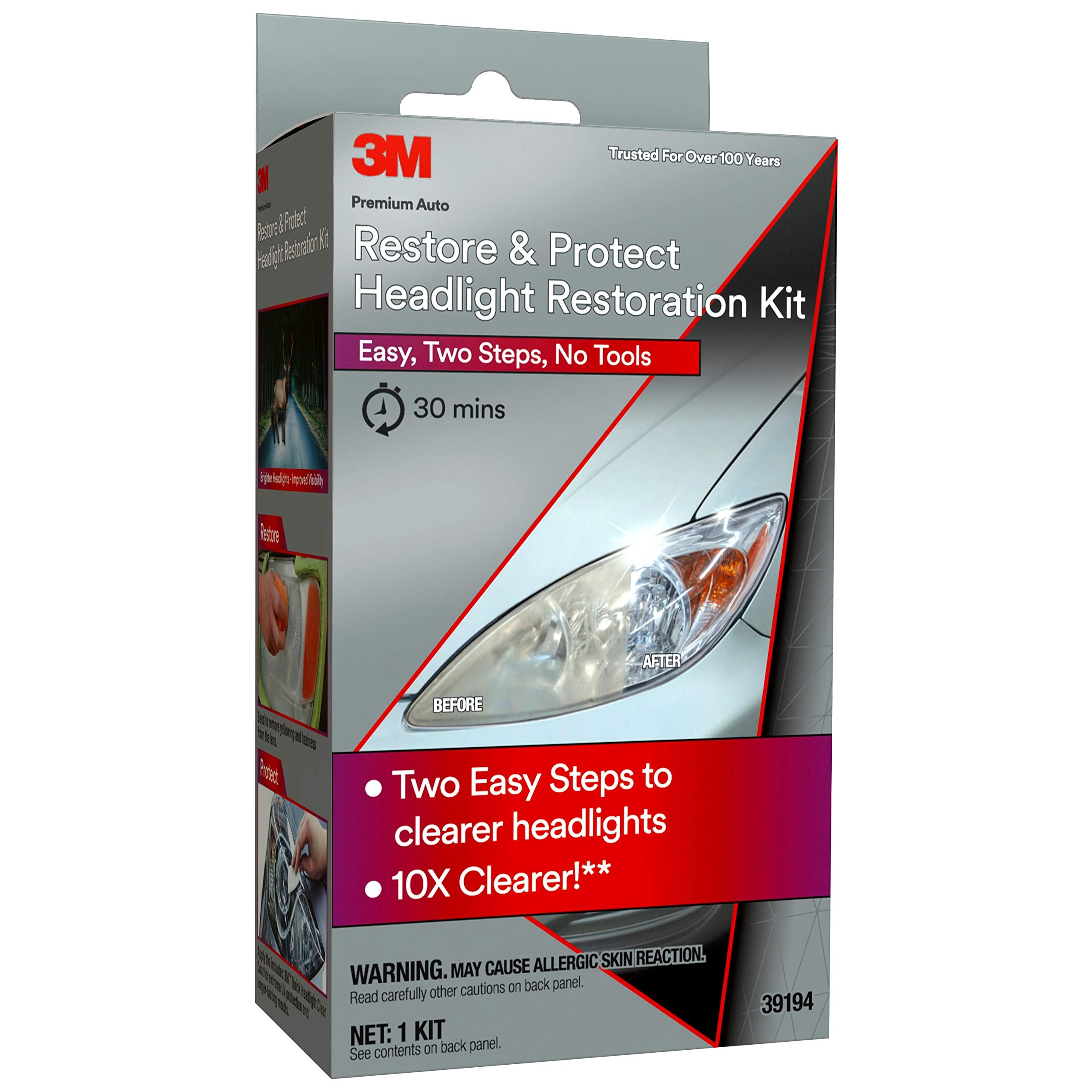 3M Headlight Restoration Kit 39194 - Auto Restore & Protect, Sanding Discs, Clear Coat Wipes, Foam Pad, No Tools Required, Gray/Red