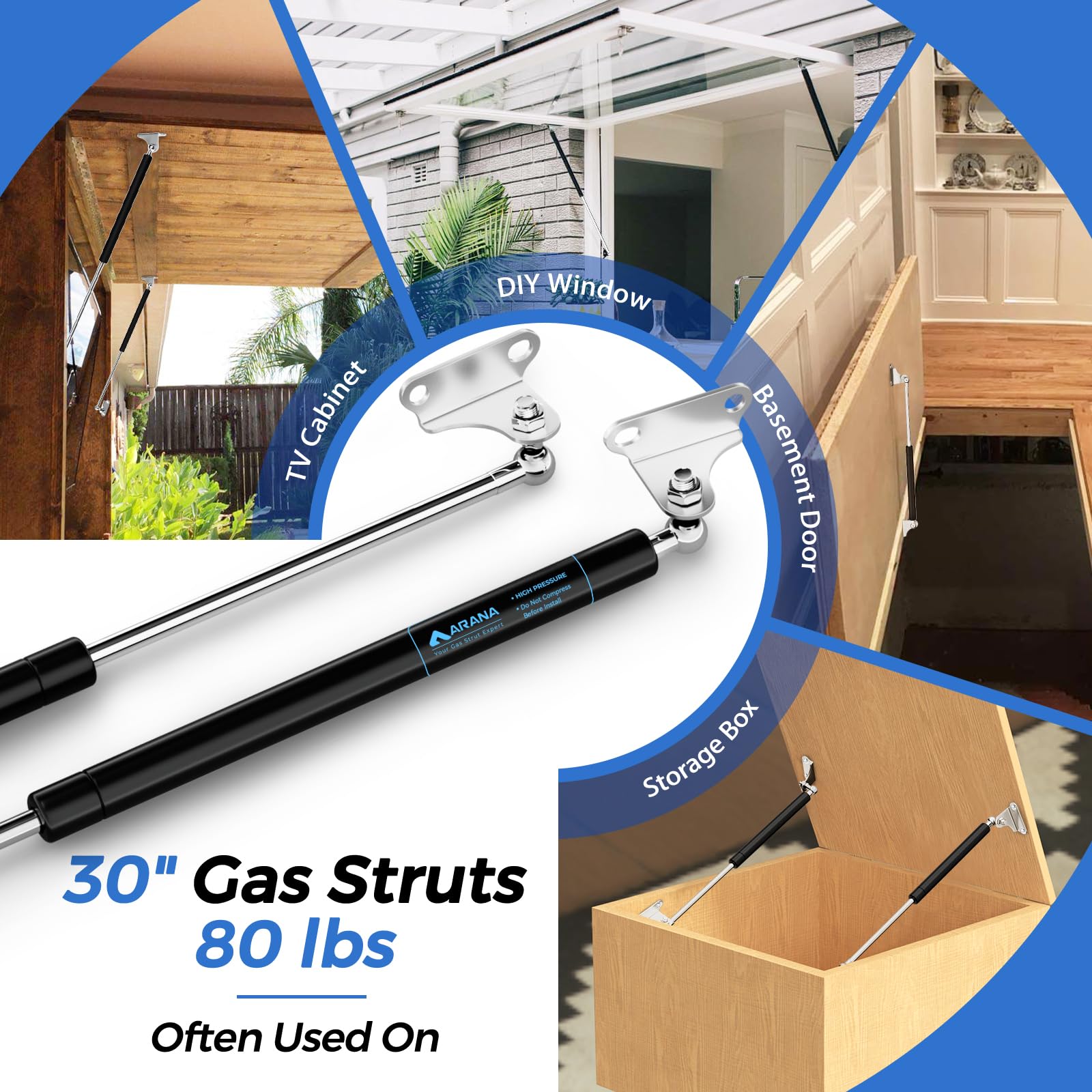 Arana 30 Inch 80 Lb Gas Struts Shock Prop, 30'' 356N/80Lb Gas Springs Lift-Support With L-Type Mounting Brackets For Truck Bed C