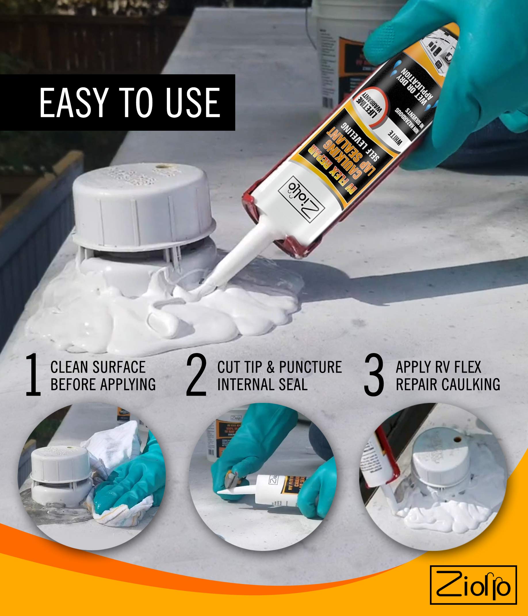Ziollo Rv Flex Repair Caulking Lap Sealant - Self Leveling Epdm Sealant For Rubber Roofs On Motorhomes, Trailers, Campers (White, 4-10 Oz Tubes Of Rv Caulk)