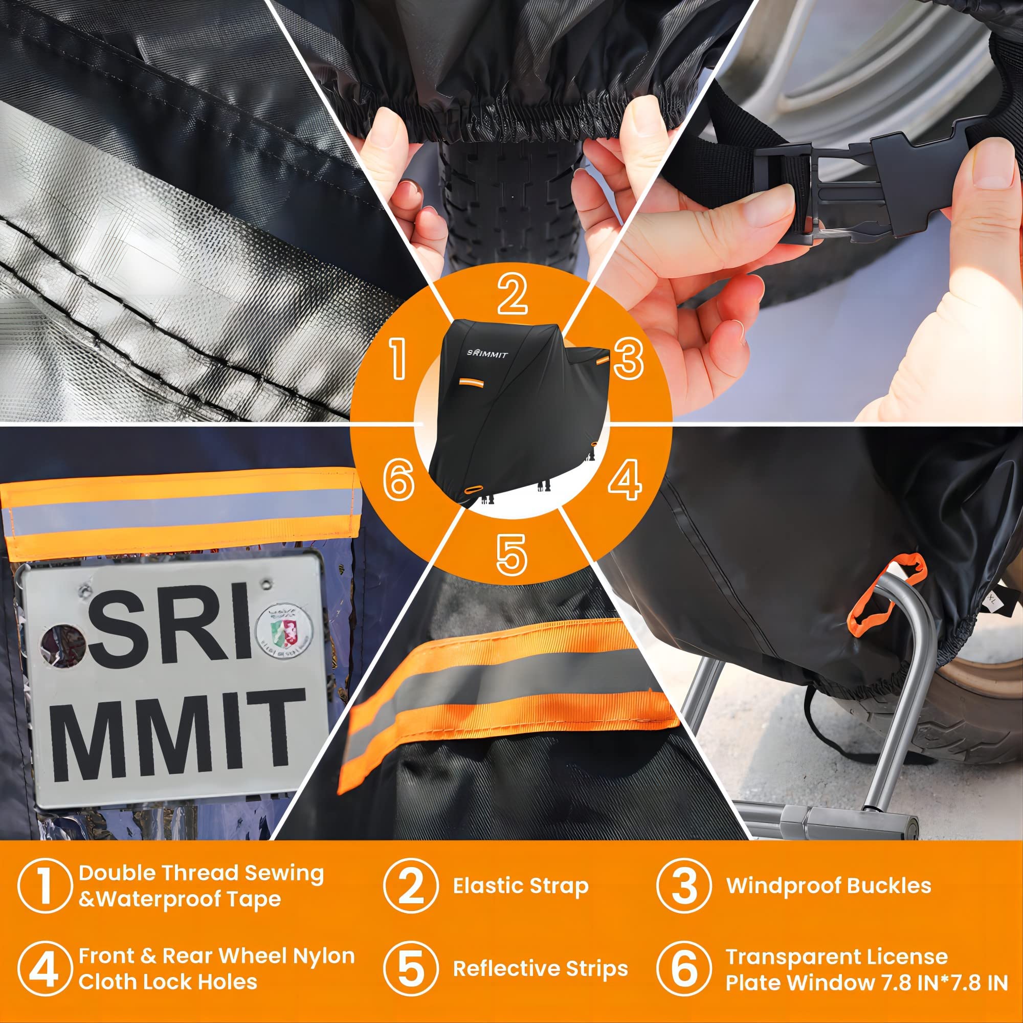 SRIMMIT Motorcycle Cover Waterproof XL 82"x37"x50" 420D Polyester Black with Reflective Strips & License Plate Window