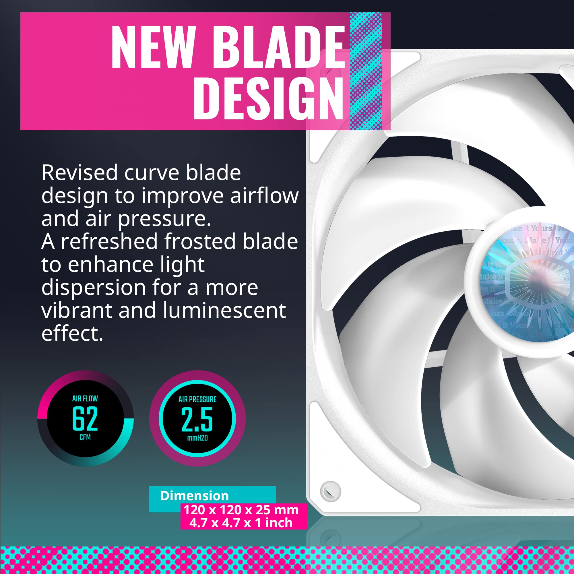 Cooler Master SickleFlow 120 V2 ARGB White Edition 3in1 Square Frame Fan, ARGB 3-Pin Customizable LEDs, Air Balance Curve Blade,