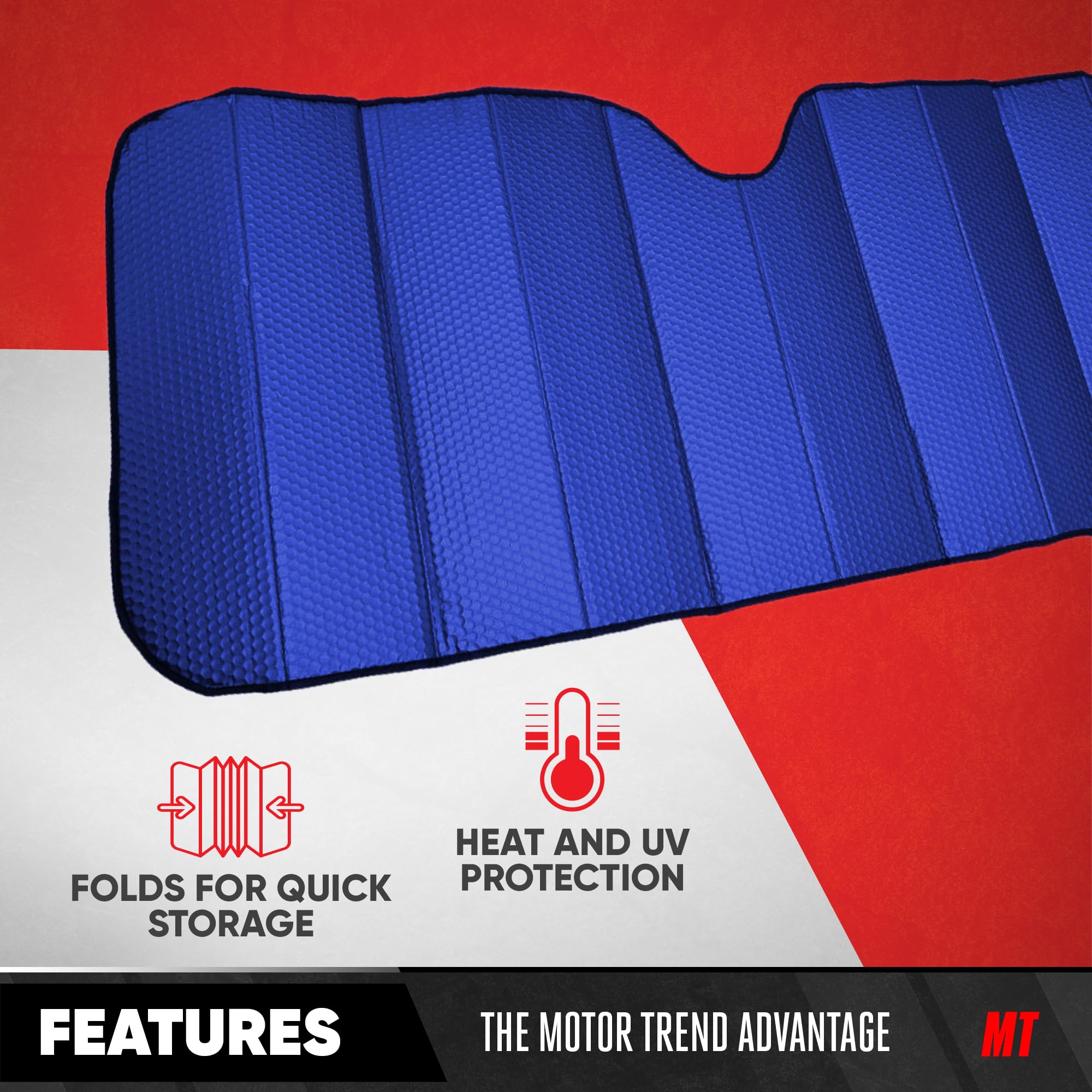 Motor Trend Blue Accordion Folding Car Windshield Sun Shade - Blackout Sun Visor For Car Windshield - Foldable Jumbo Sunshade An