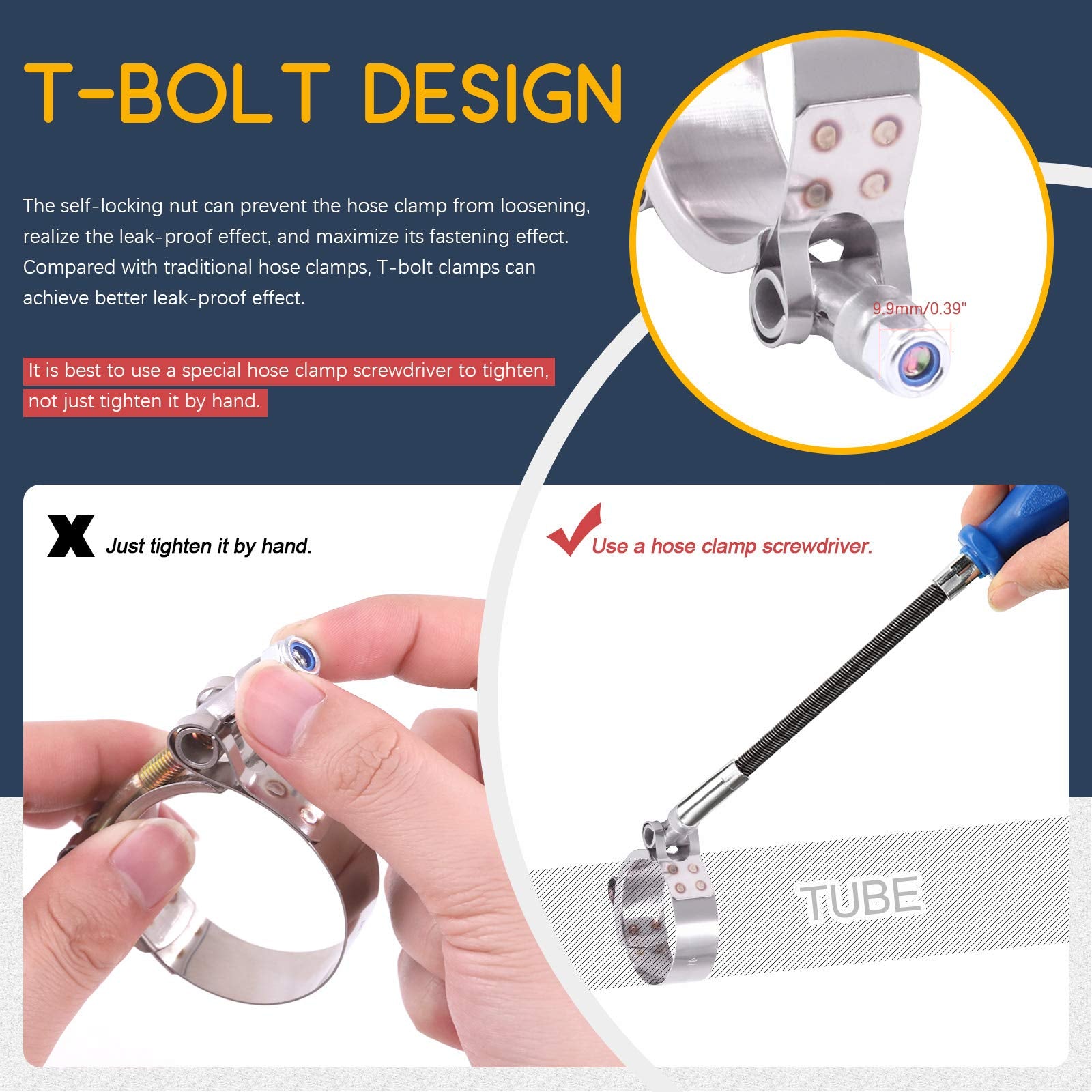 Hilitchi 5Pcs Stainless Steel T-Bolt Clamps With Rounded Band Edges Heavy Duty Turbo Intake Intercooler Clamp (72-80Mm) For 2 3/