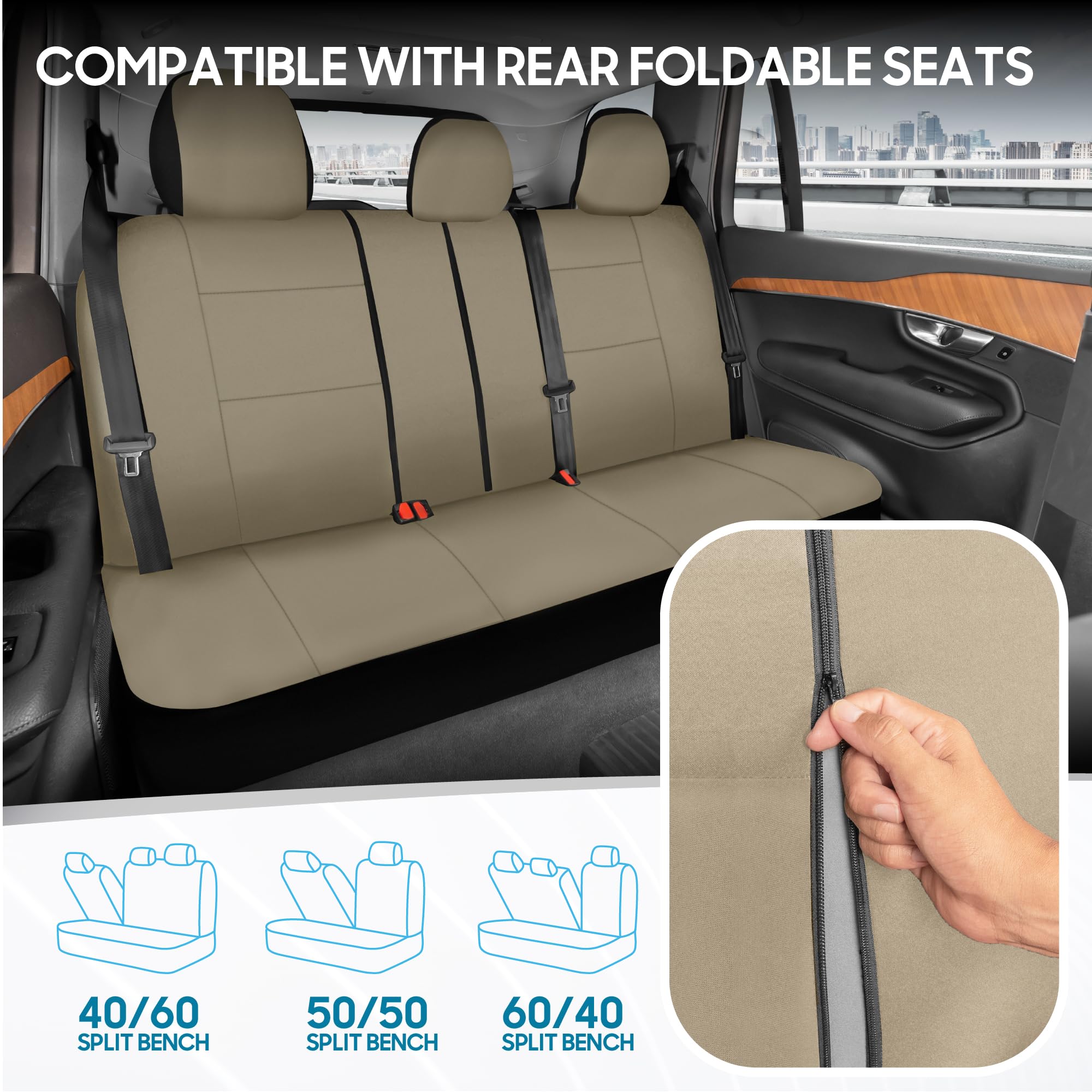 BDK PolyPro Car Seat Covers Full Set in Solid Beige, Front and Rear Split Bench Seat Covers for Cars, Easy to Install Car Seats
