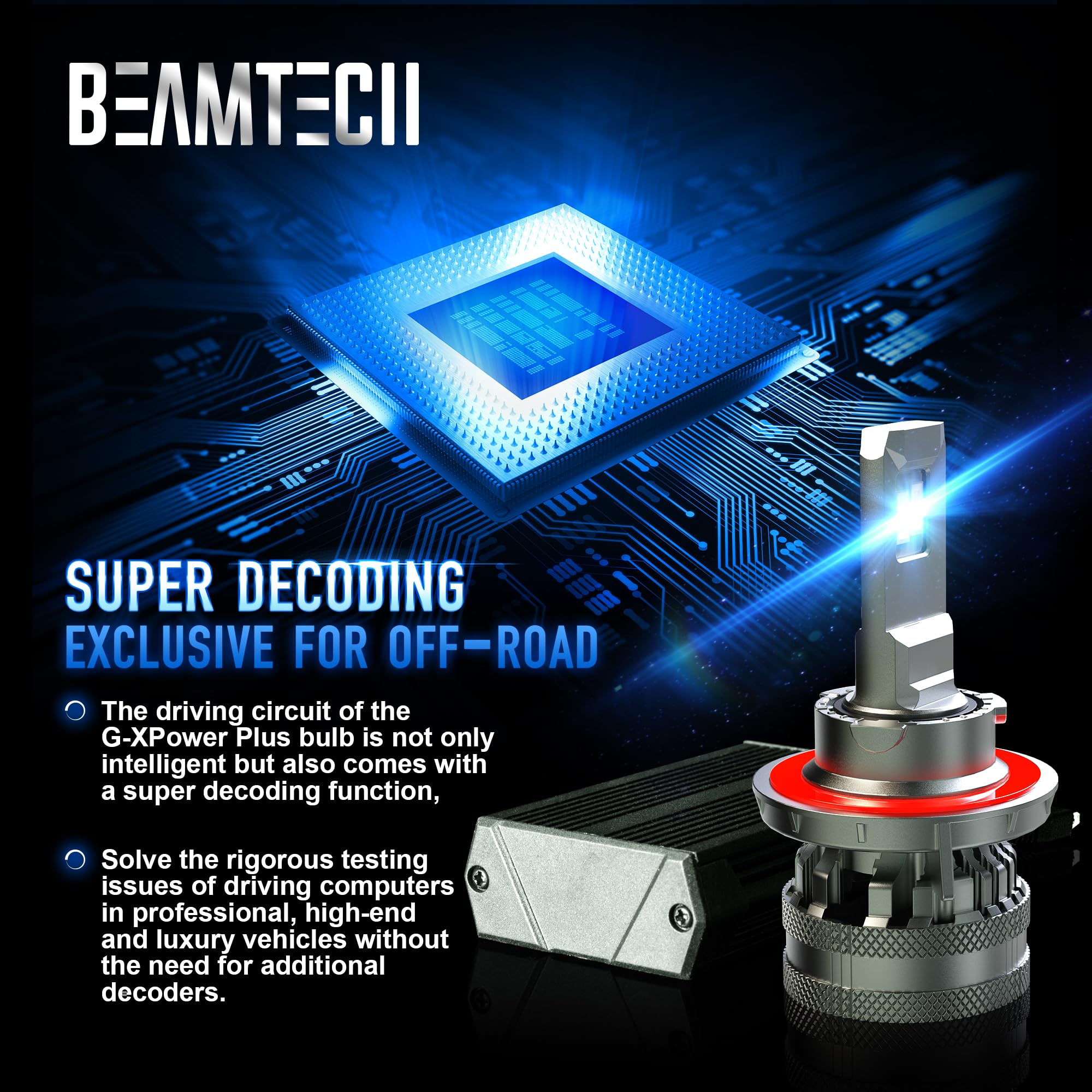 BEAMTECH H13 Fog Light Bulbs - 9008 G-XP Chips, 6500K Xenon White, 600% Brighter, Plug N Play, Pack of 2