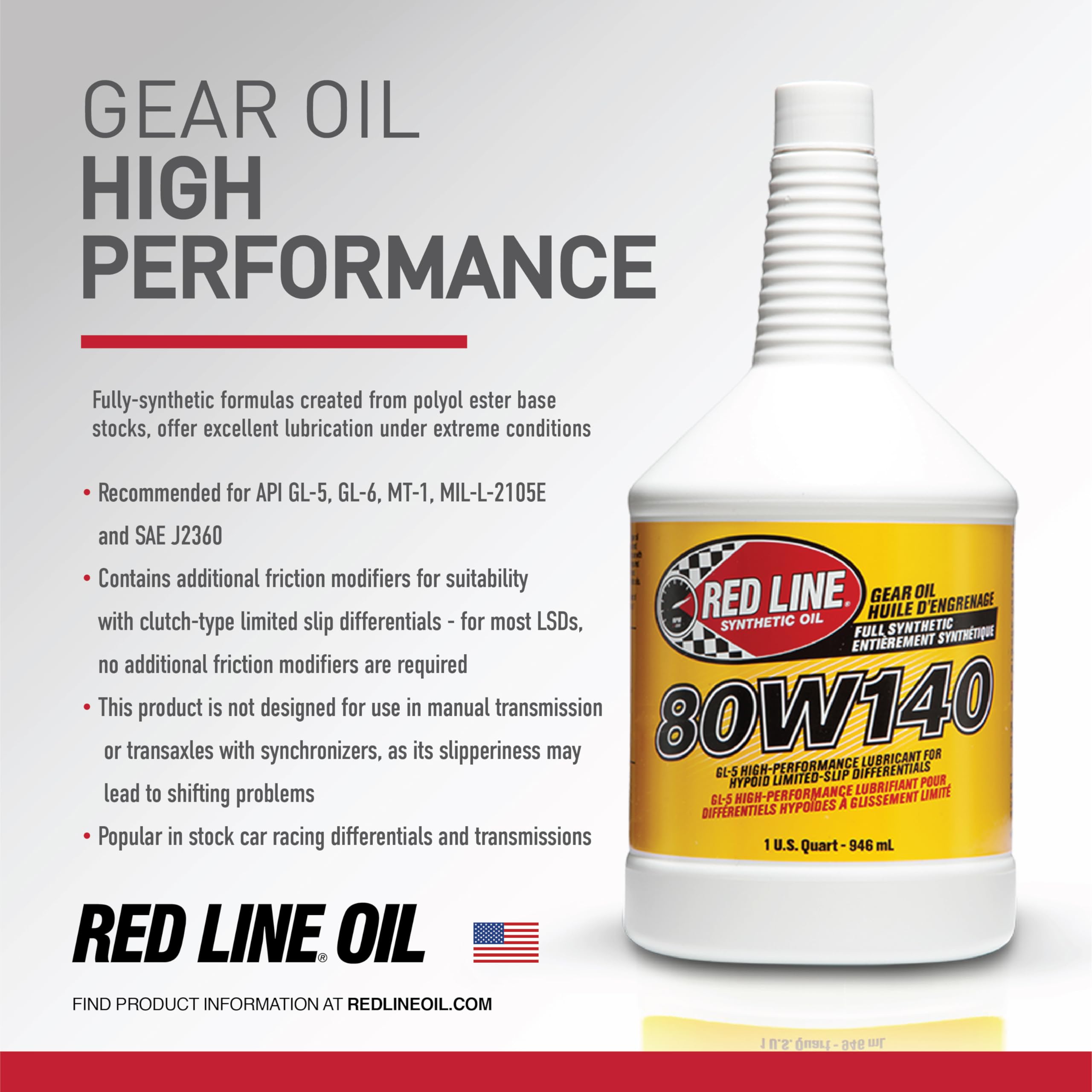 Red Line 58104 80W140 Gl-5 Synthetic Gear Oil For Hypoid Limited Slip Differentials - 1 Quart