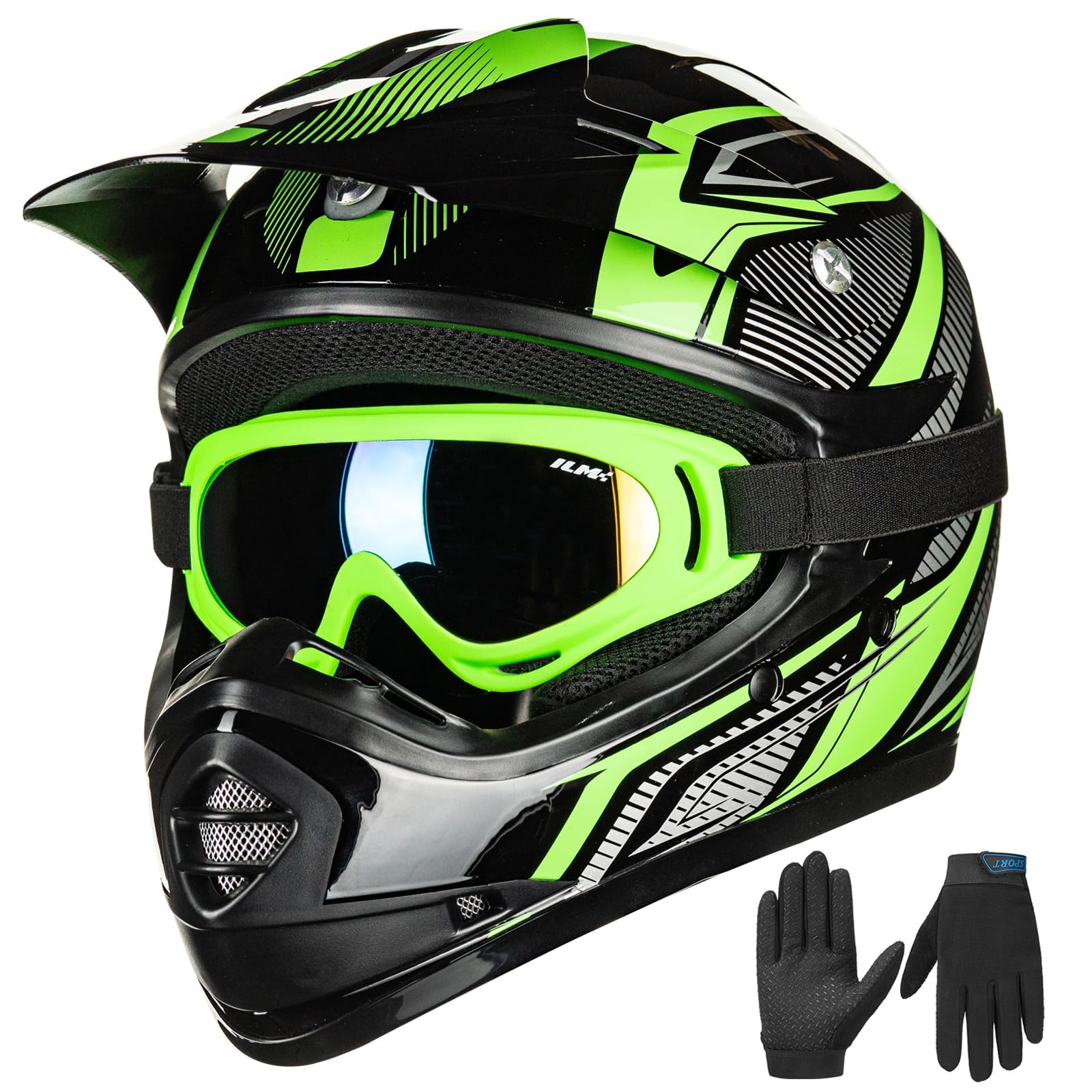 Ilm Youth Kids Atv Motocross Helmet Goggles Sports Gloves Dirt Bike Motorcycle Off Road Dot Approved B07 (Youth-L, Green/Silver)