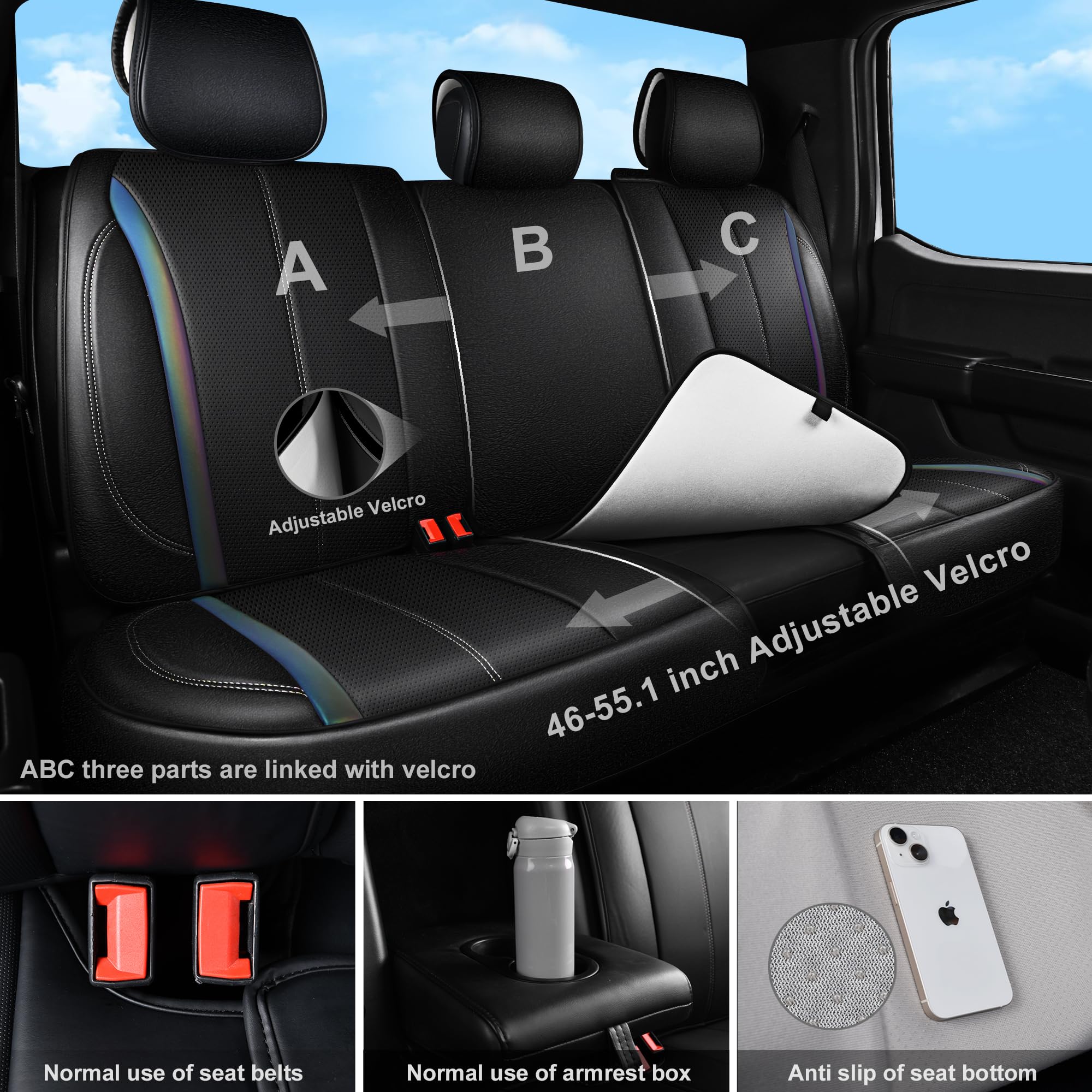 CAR PASS Nappa Leather Car Seat Covers, Full Set, Waterproof, Black Chameleon Iridescent, Model SJ005T2-LA0XC-PUQB5NH22G