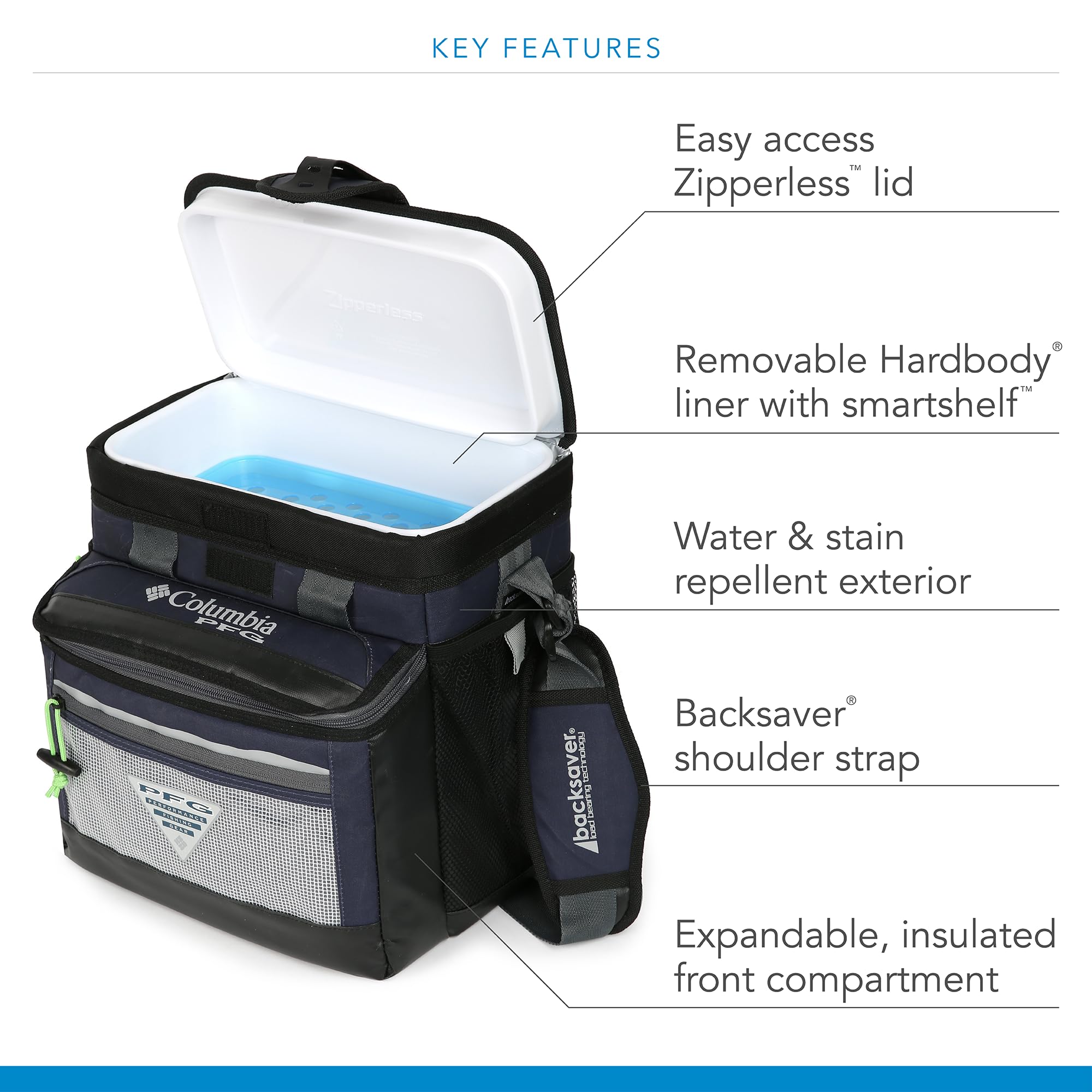Columbia PFG Thermal Pack Cooler - 22 Can Zipperless Hardbody, 500D Polyester, Navy Blue, Model 1162202375