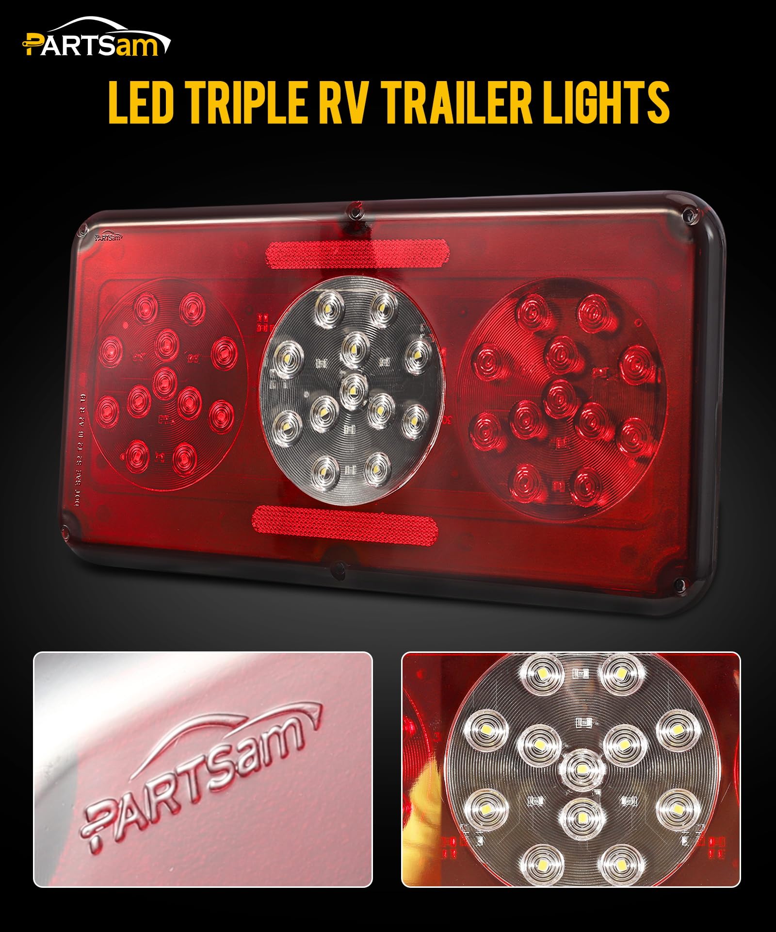 Partsam Rectangular Triple LED Trailer Tail Light, Red, Standard Size, Plastic, for RV Camper Motorhome - Stop, Turn, Backup, Reverse Lights