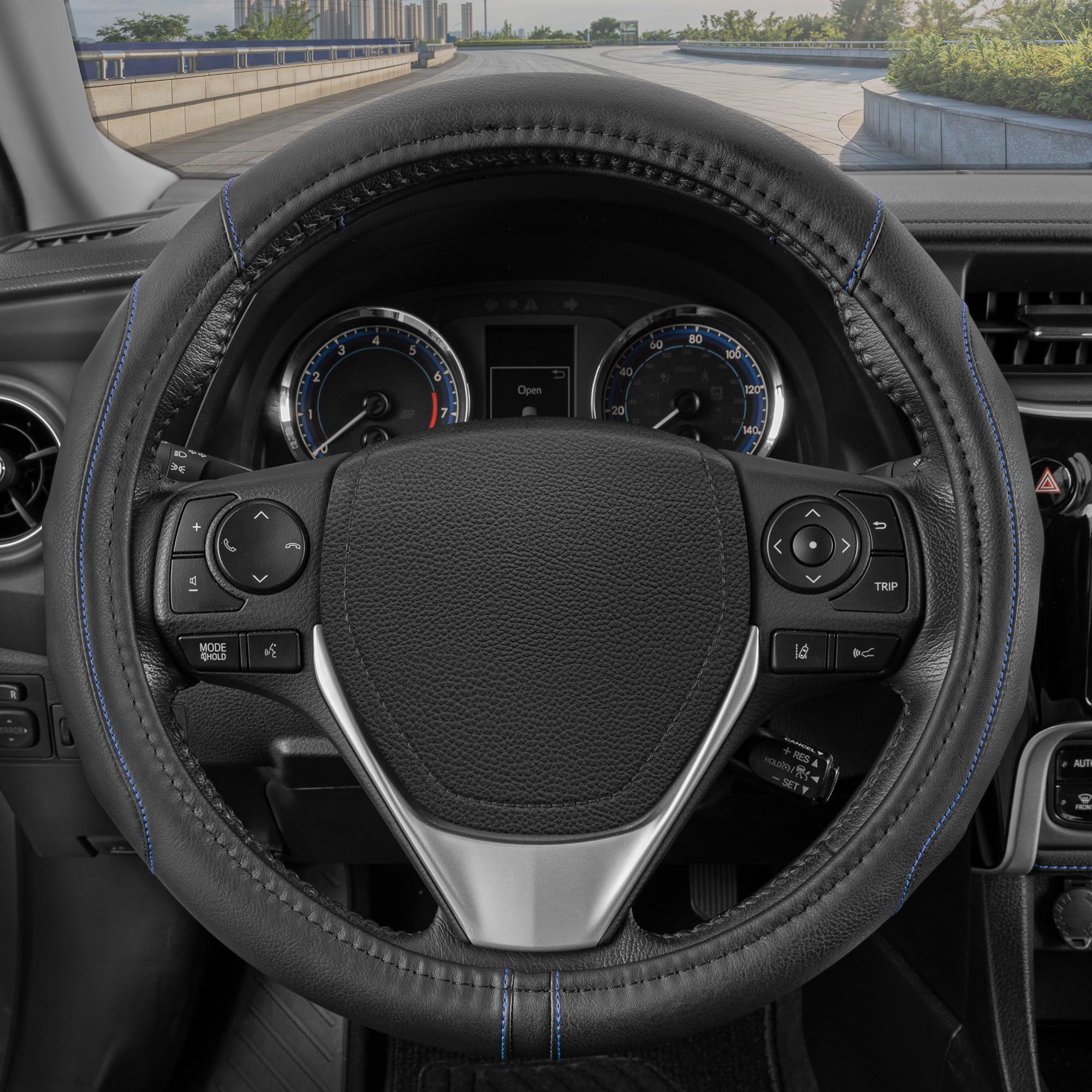 Motor Trend Sw-761-Bl-M__Am Gripdrive Synthetic Leather Auto Car Steering Wheel Cover Black W/ Blue Accent Stitching Comfort Gri