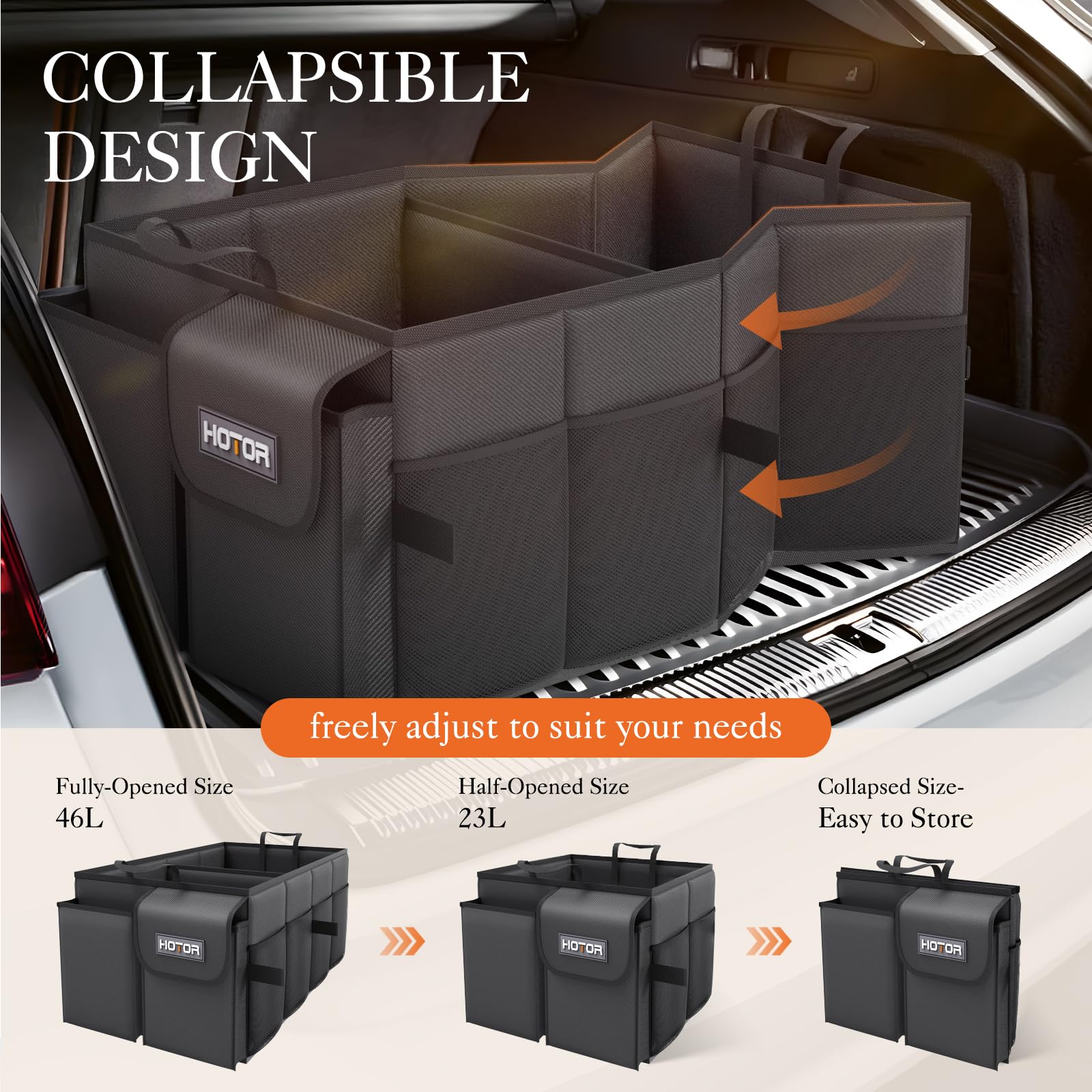HOTOR Trunk Organizer - Foldable Car Storage, 2 Compartments, Oxford Cloth, 21.3"×12.6"×10.6", Black, Model US11032