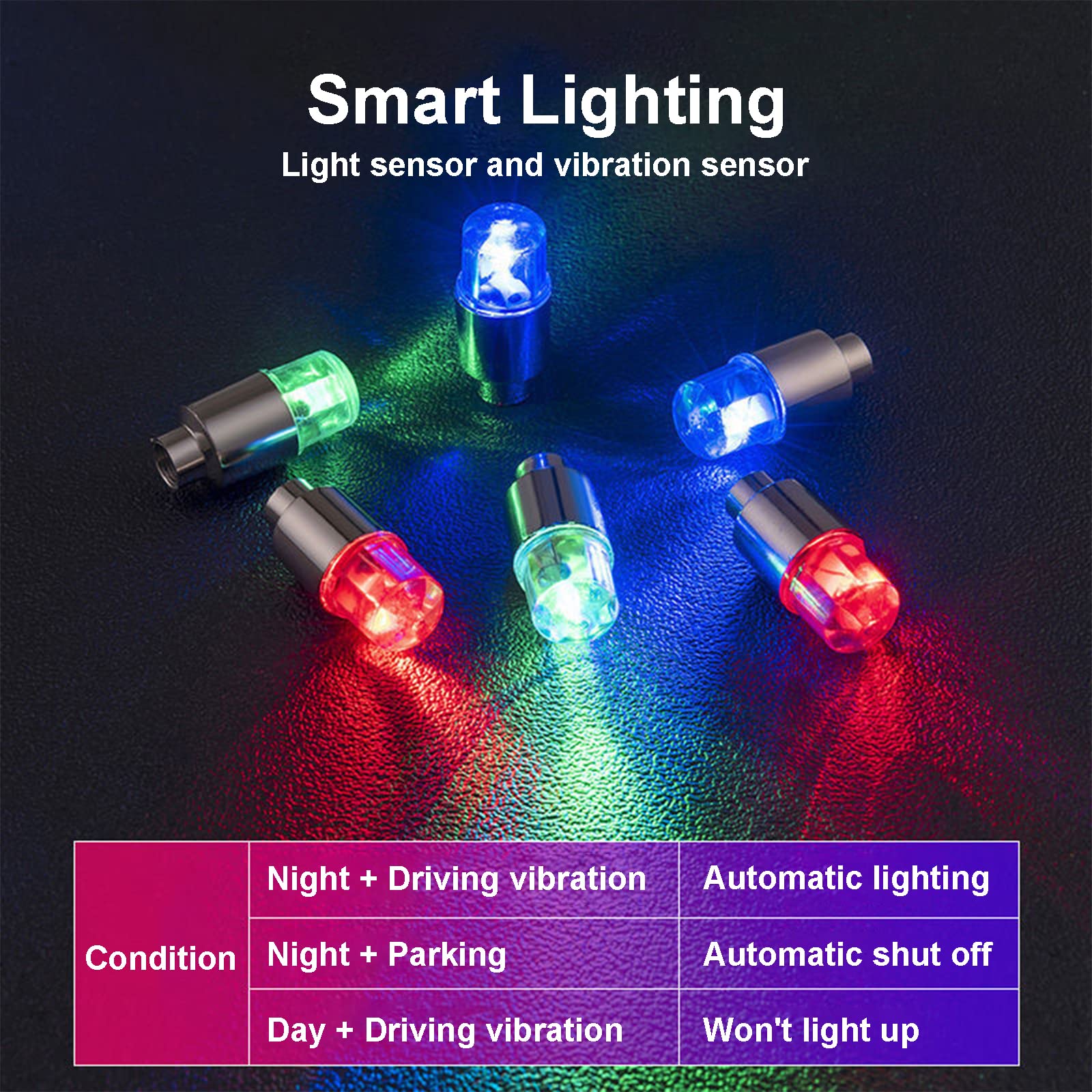 QIZATAH 6 Pcs LED Tire Valve Stem Caps Lights - Intelligent Wheel Lights Glow in Dark, Luminous Car Exterior Accessories, Cool N
