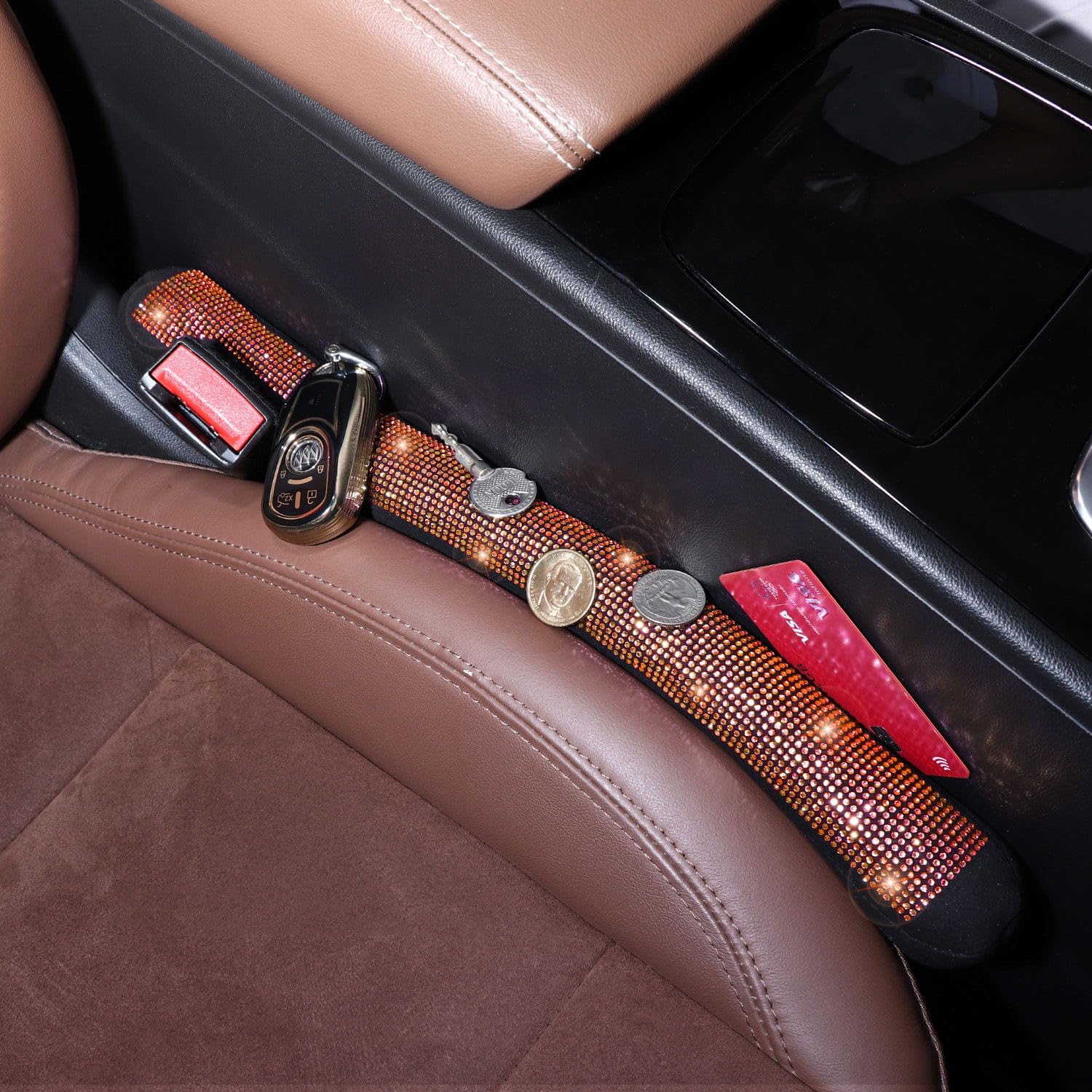 Tobequeen Orange Seat Gap Filler, Handmade Crystal Diamond Rhinestone Orange Bling Car Accessories For Women, Universal Fit For