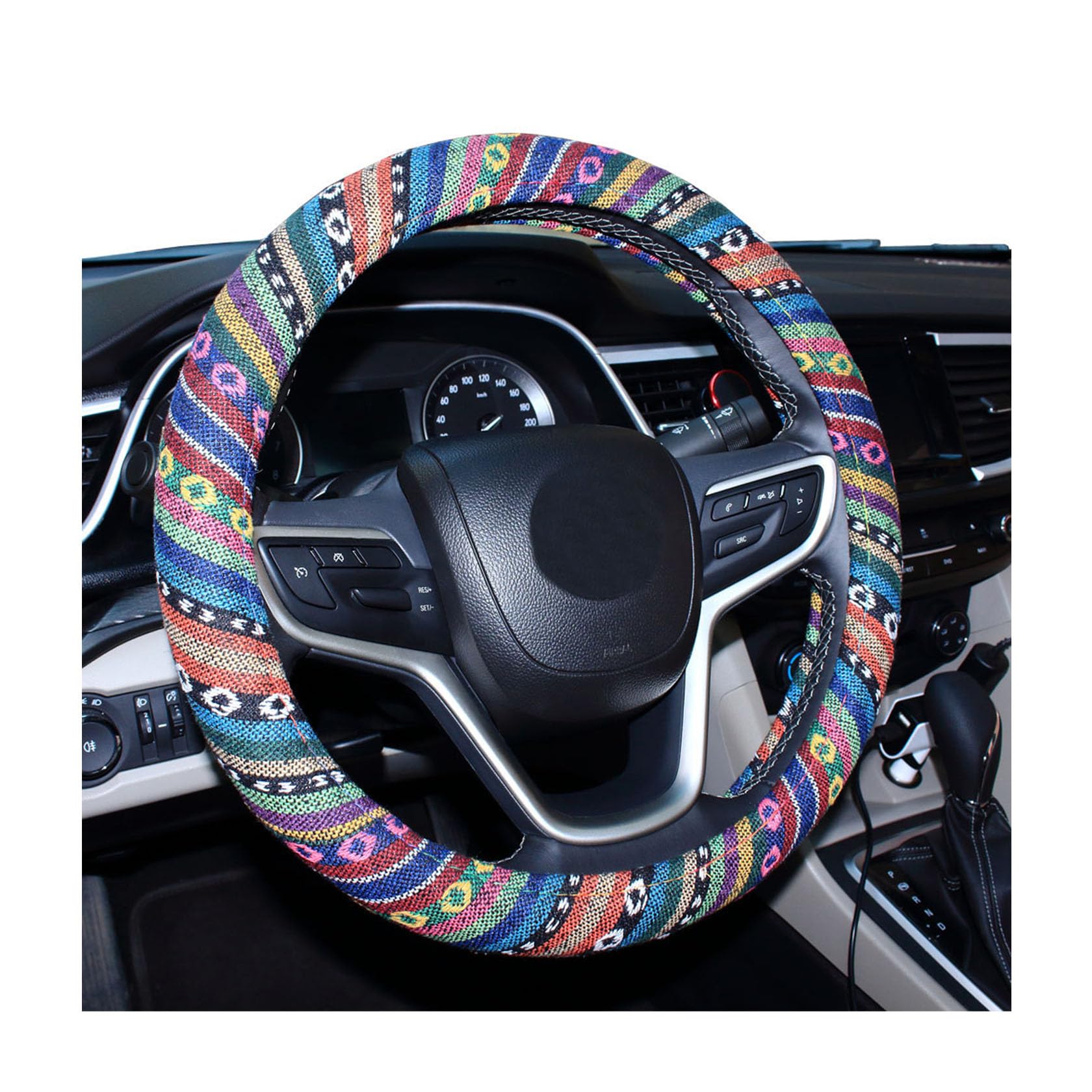 Shiawasena Shiawasena Car Steering Wheel Cover, Coarse Flax Cloth, Ethnic Style, Universal 15 Inch Fit, Anti-Slip Sweat-Absorben