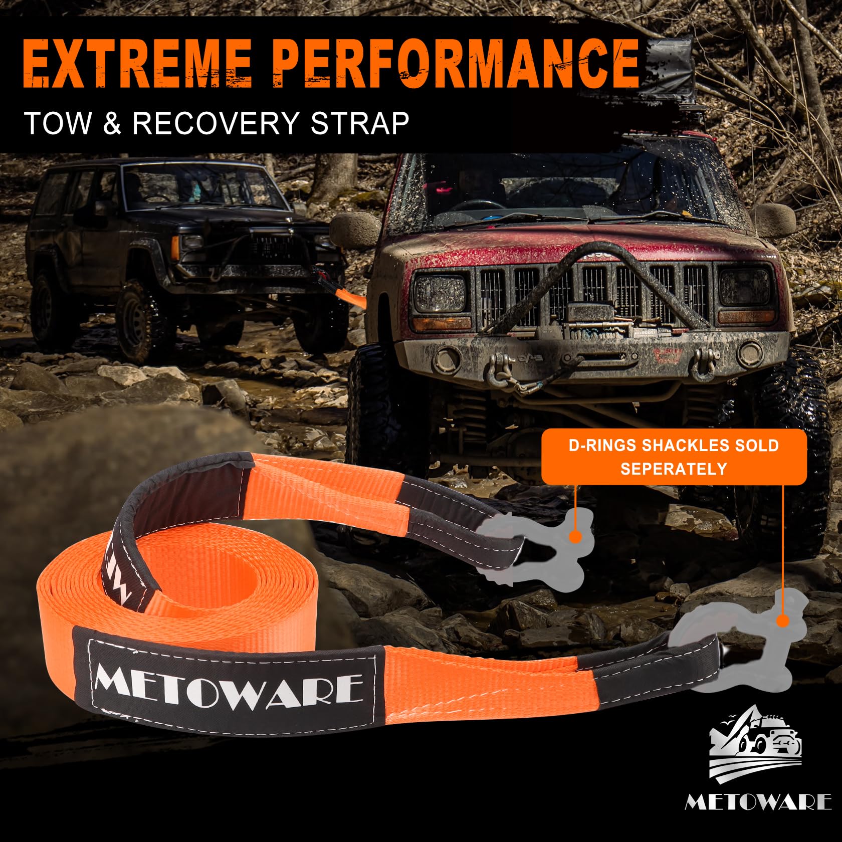 Metoware Tow Strap 3''    20Ft Recovery Strap, Heavy Duty Tow Straps With 35,000 Lb Capacity, Triple Reinforced Loop Straps, Eme