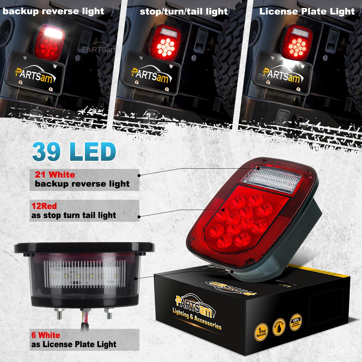 Partsam 39 LED Stop Turn Tail Lights - Red Lens, Standard Size, Plastic, Model 13 - Replacement for Jeep CJ YJ JK, Truck, Trailer, Boat, RV