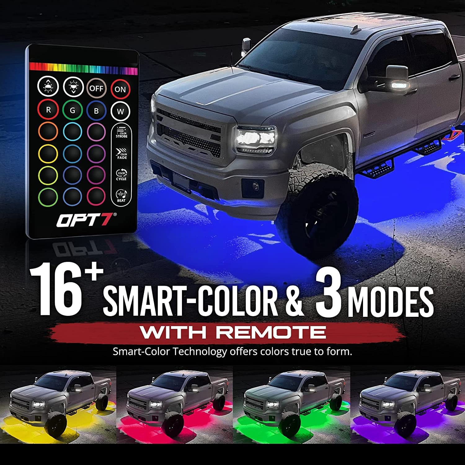 Opt7 Aura Aluminum Underglow Led Lighting Kit For Truck With Remote Control, Exterior Neon Accent Underbody Strip, Multicolor Mo