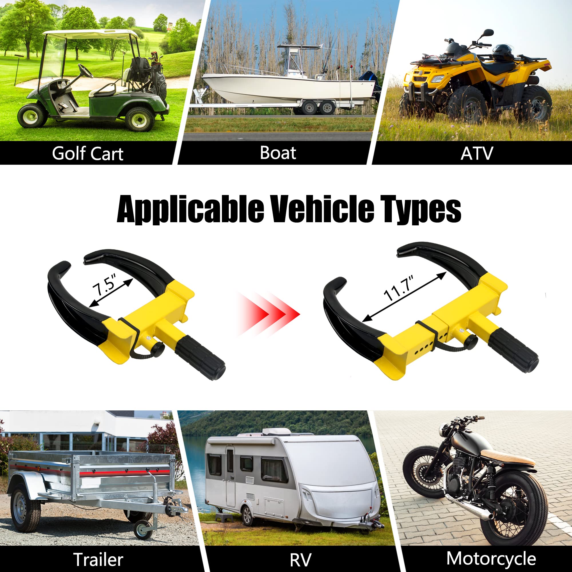 Wheel Clamp Lock Universal Security Tire Lock Anti Theft Lock Fit Most Vehicles Max 10'' Tire Width And 7'' Reach For Trailers S