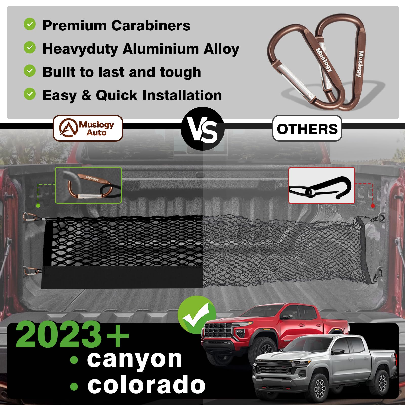 Muslogy Truck Bed Cargo Net for 2023+ Chevrolet Colorado & GMC Canyon, Black, Heavy Duty with Carabiners, Model MUS-CARGO NET-1