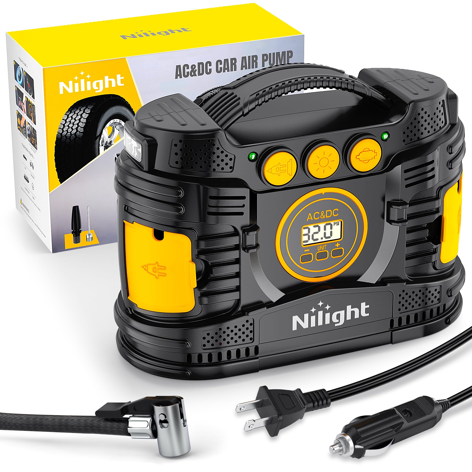 Nilight Tire Inflator Portable Air Compressor Dual Power For Car 12V Dc And Home 110V Ac Tire Pump W/Tire Pressure Gauge Fast In