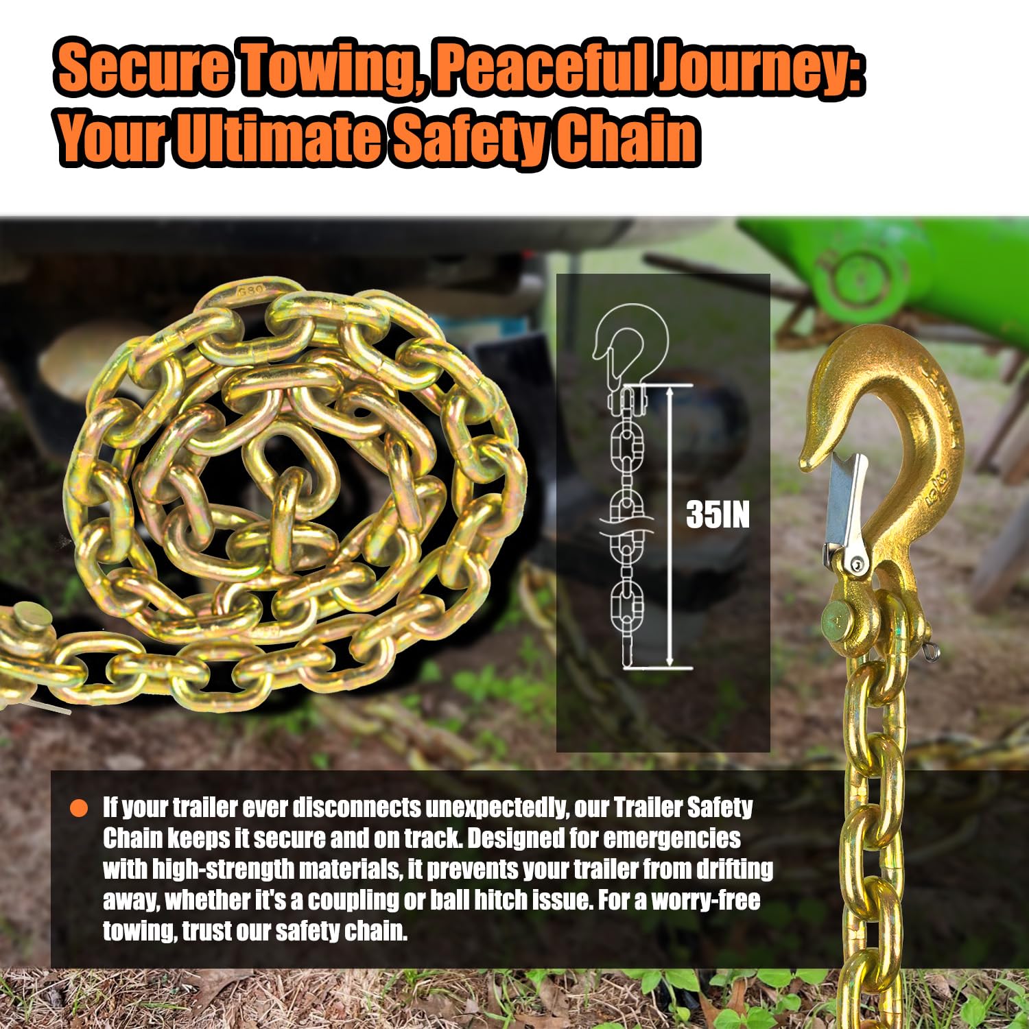 TKK 2-Pack Grade 80 Trailer Safety Chain, 36" Heavy-Duty Steel, 5/16" Clevis Snap Hook, Yellow, WLL 21,000 lbs for T