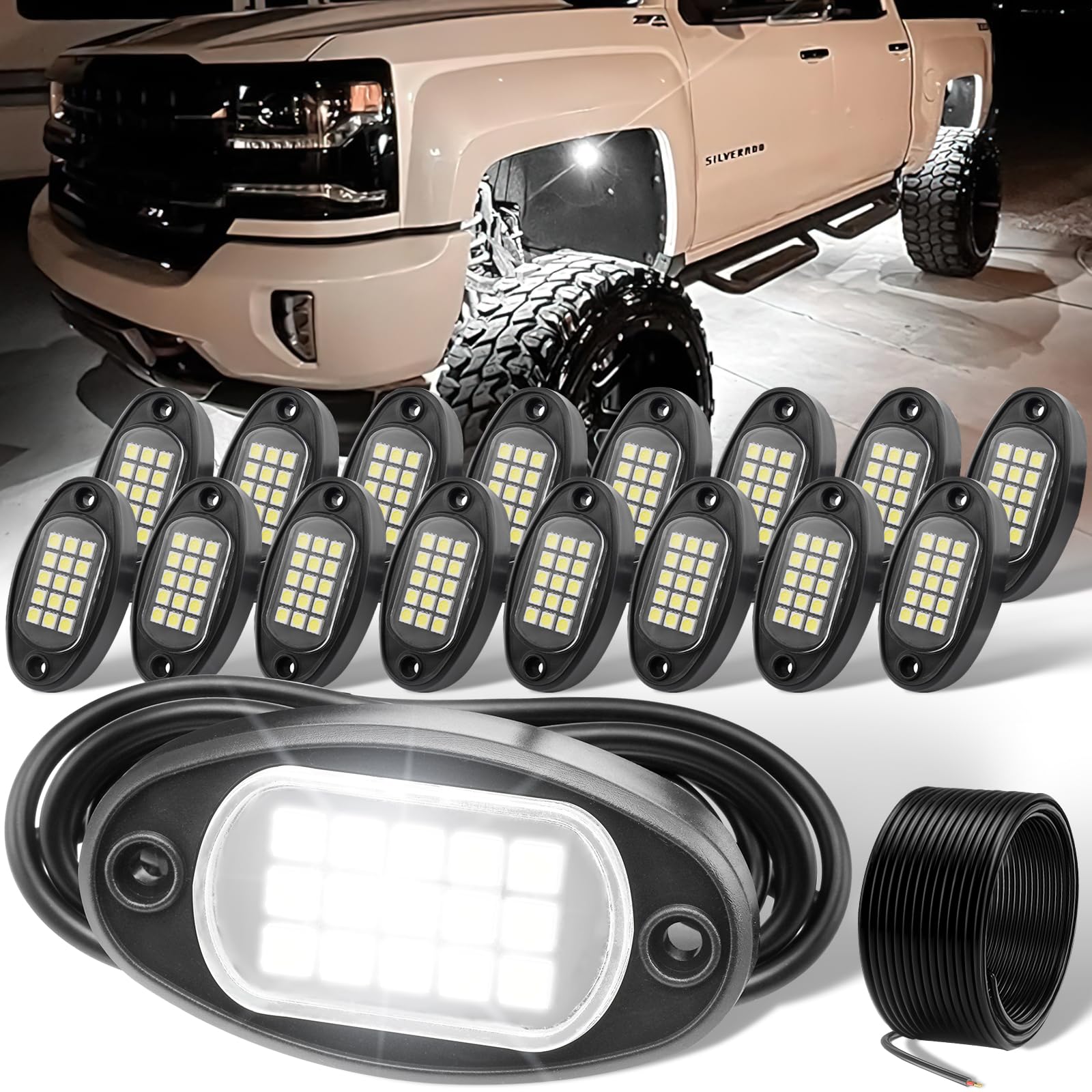 Yoneda Rock Lights For Trucks(16 Pods White With 13Yd Wire)