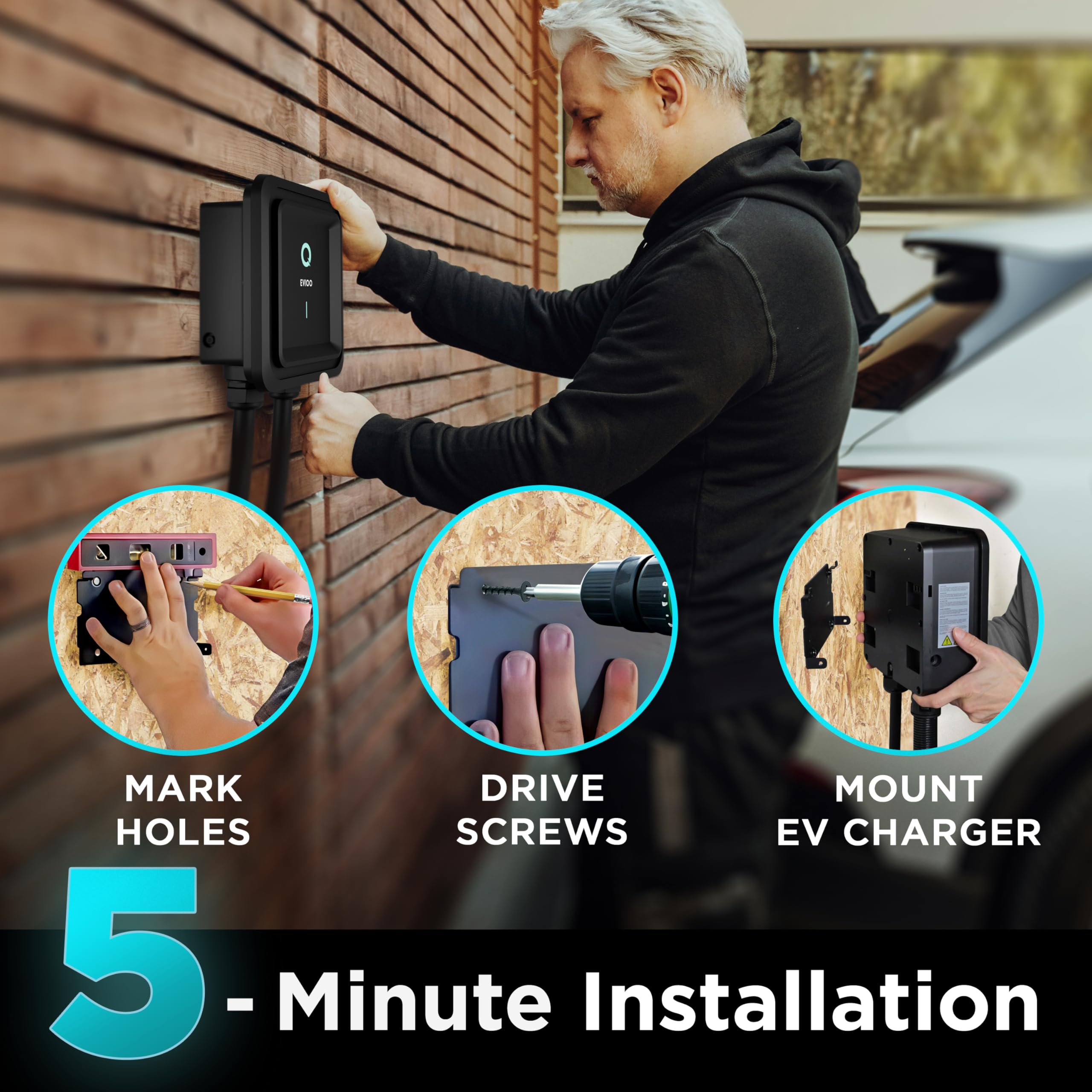 EVIQO Level 2 EV Charger 48 Amp 240V Hardwired J1772 11.5kW Gen 2 Wall Charging Station with 25' Cord