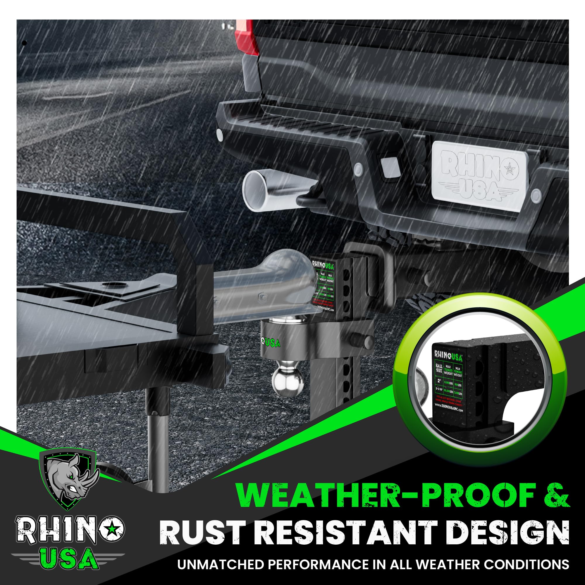 Rhino USA Adjustable Trailer Hitch - Heavy Duty Aluminum, 10-Inch Drop/Rise, 2-Inch Receiver, 12,500 LBS GTW, Black, Model RG-HTDROP