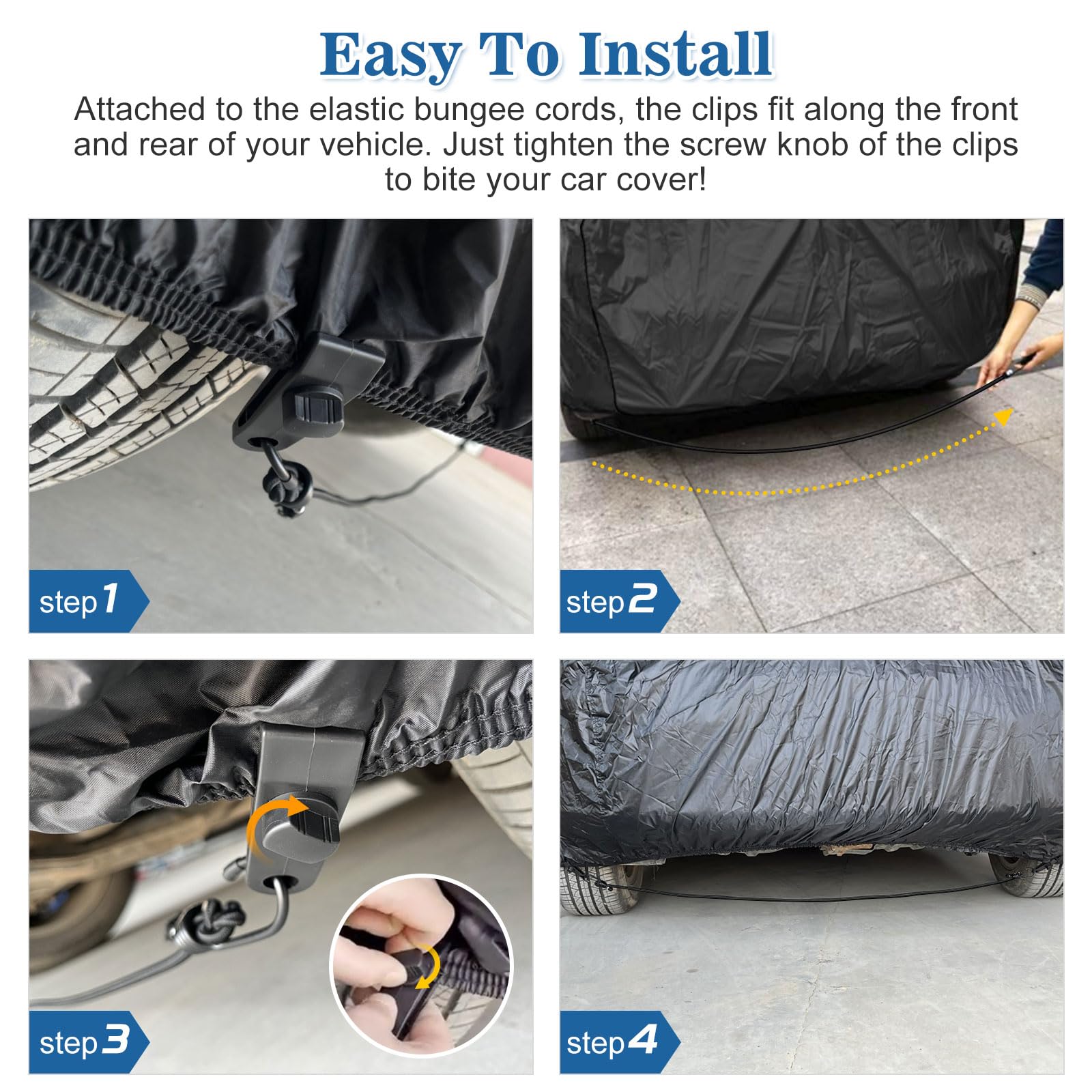 BETERNY 4PCS Car Cover Gust Straps, Heavy Duty Bungee Cords, Black, Fits Most Cars, SUVs, Trucks, Model CA1862