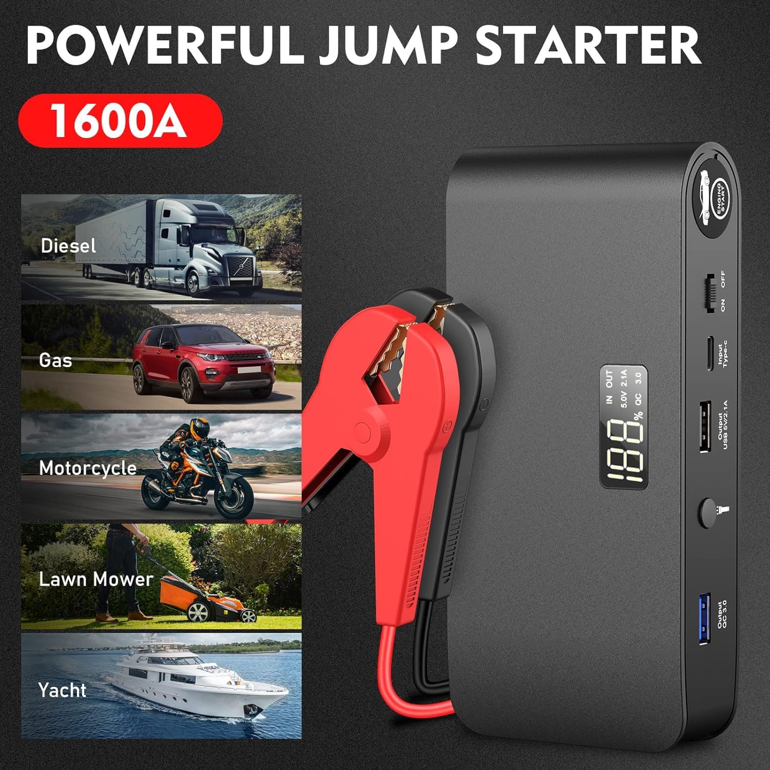 BooKoo 1600A Battery Jump Starter 16000mAh 12V Car Starter with QC 3.0, Portable USB, Model Q6, Ideal for Auto & Motorcycle Use