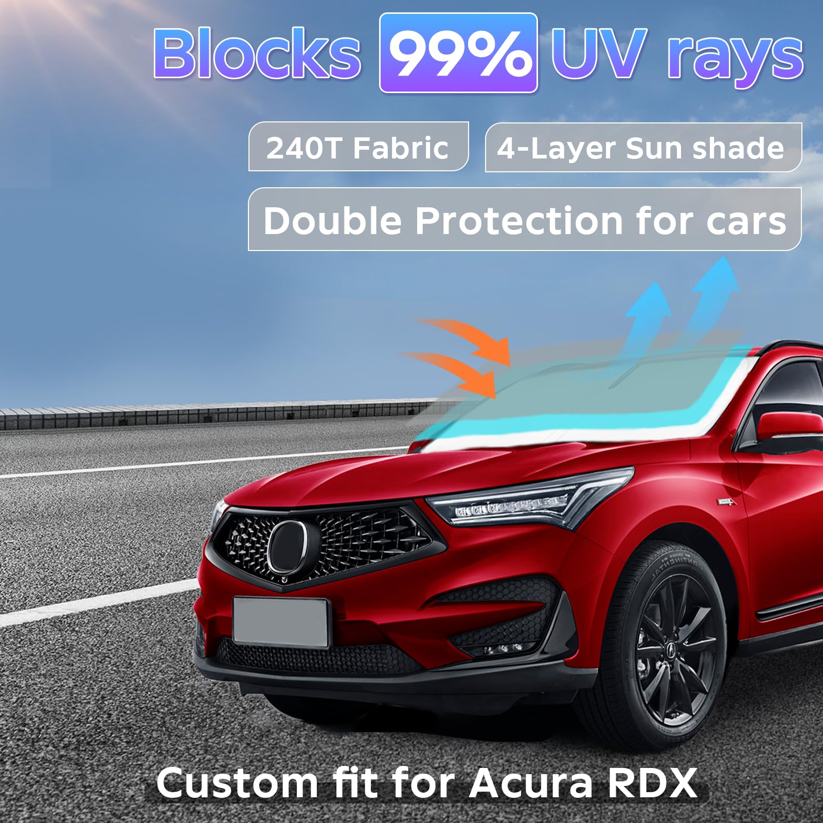 Uktop Car Sun Shade Sunshade For Acura Rdx 2019-2024 2025 Windshield Cove, 240T 4-Layers Front Window Shade Foldable Sun Visor B