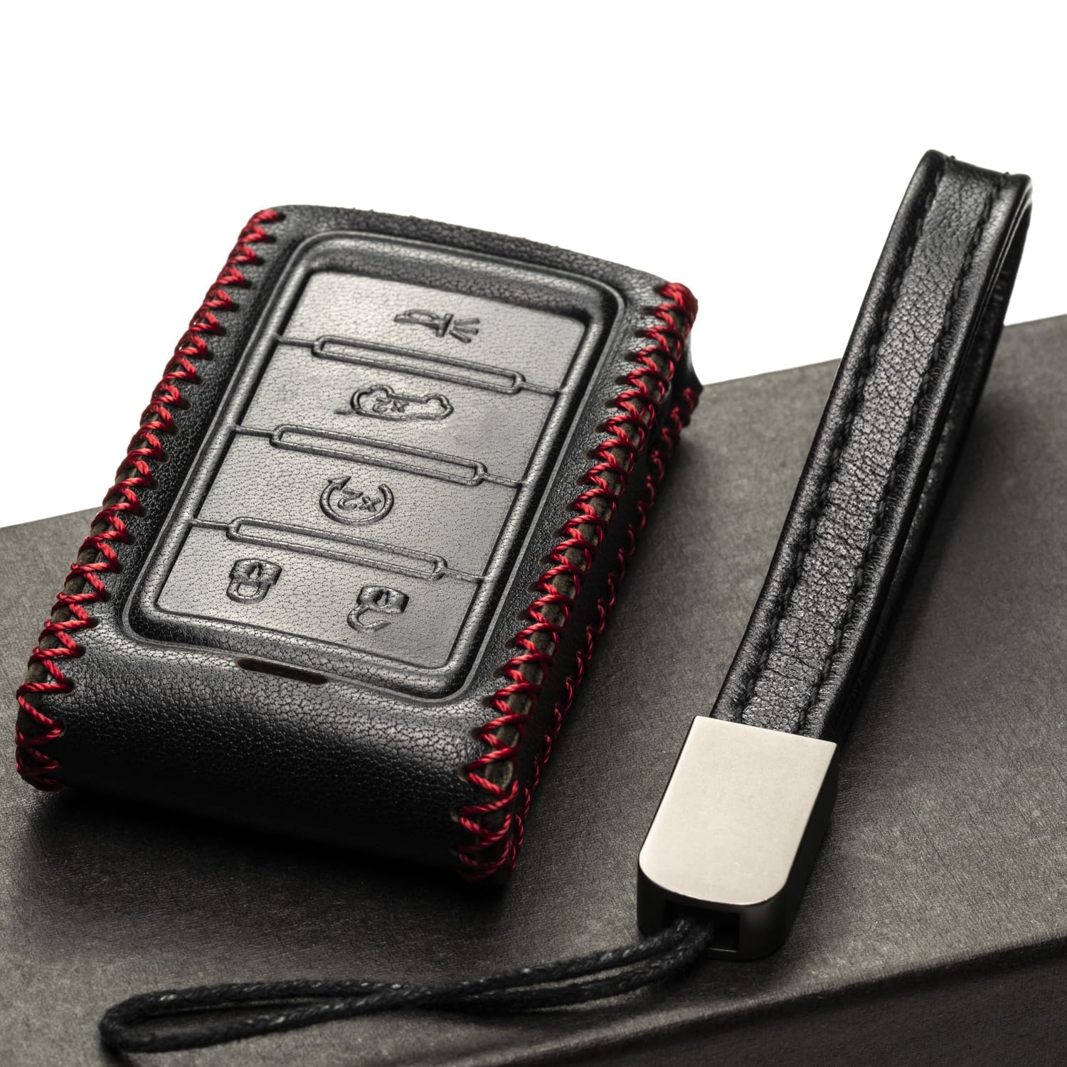 Vitodeco Genuine Leather Smart Key Fob Case for Jeep Wagoneer/Grand Cherokee 2022-2025, New 5-Button, Black/Red