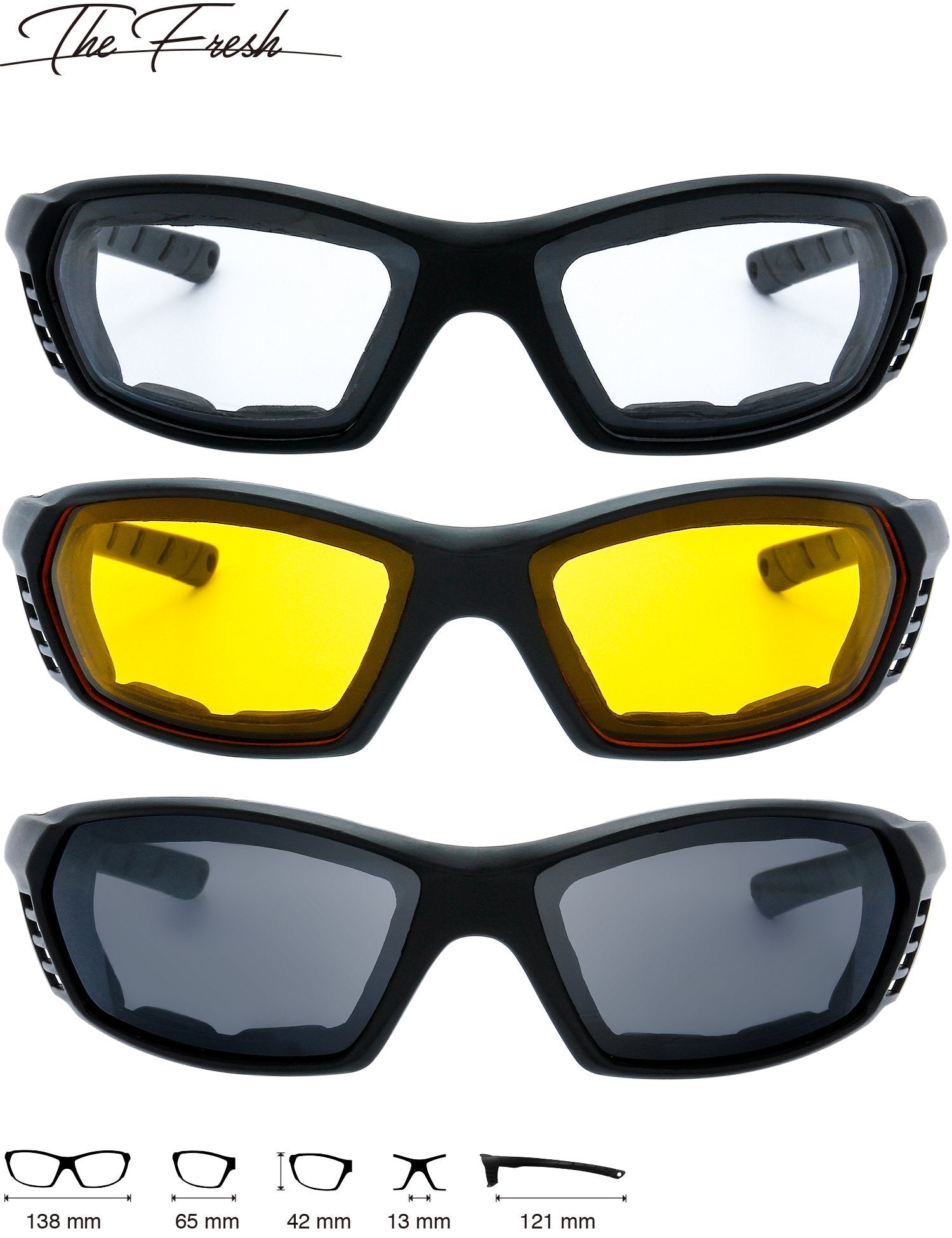 The Fresh 3 Pairs Motorcycle Riding Glasses Padded Frame Lens Block 100% Uvb For Outdoor Activity Sport (5-Matte Black, Clear, Yellow, & Grey)